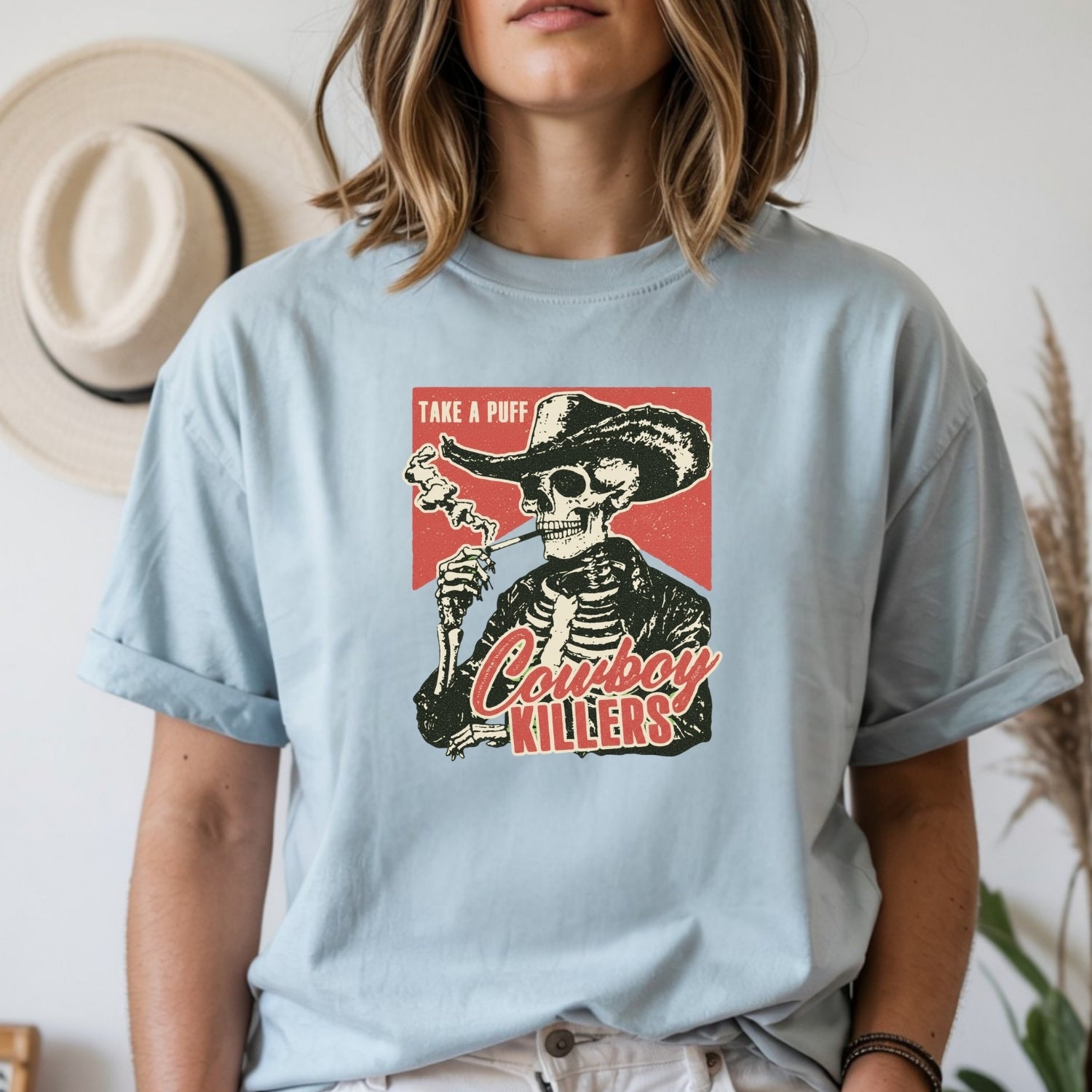 Vintage Skeleton Take A Puff Cowboy T-Shirt - Western Skull Graphic Tee