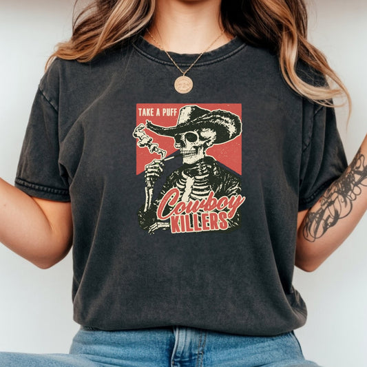 Vintage Skeleton Take A Puff Cowboy T-Shirt