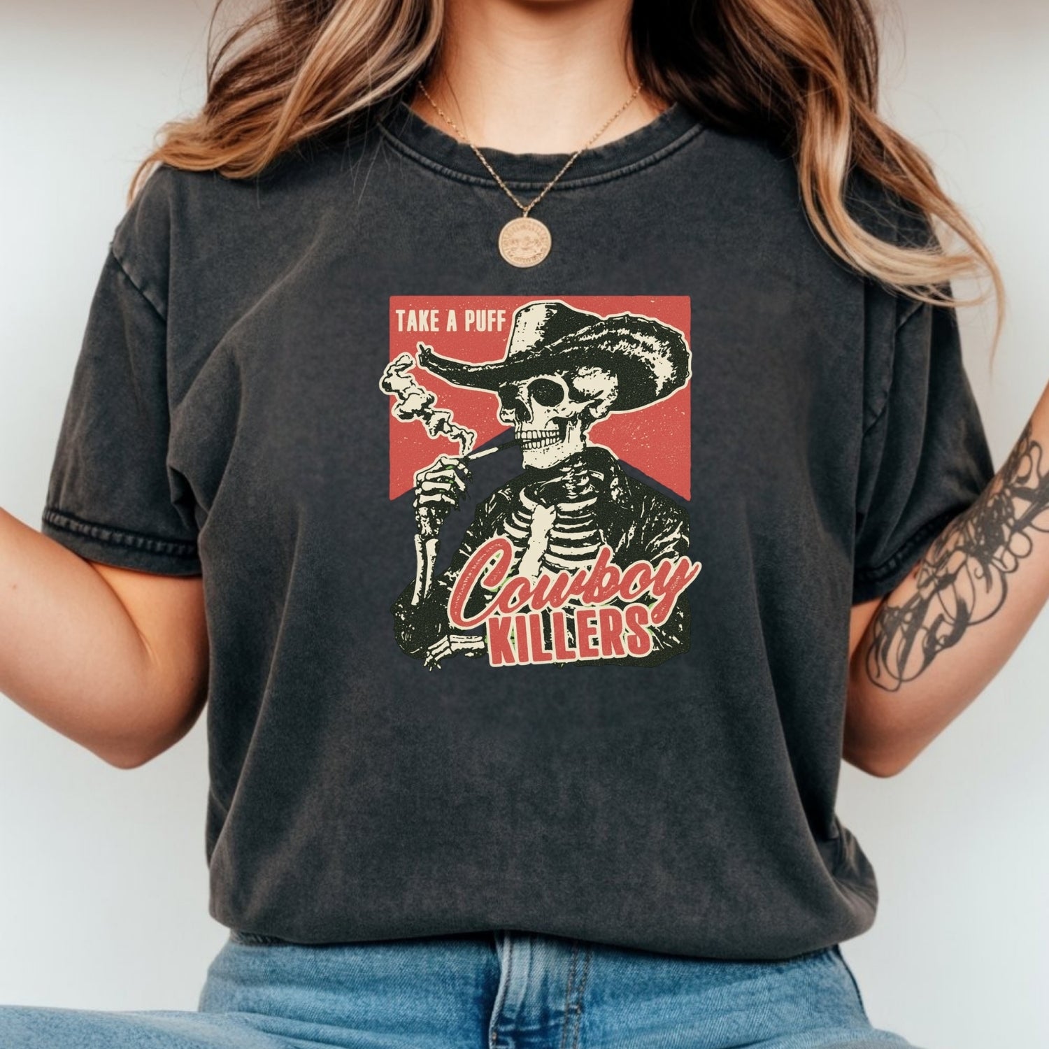Vintage Skeleton Take A Puff Cowboy T-Shirt - Western Skull Graphic Tee