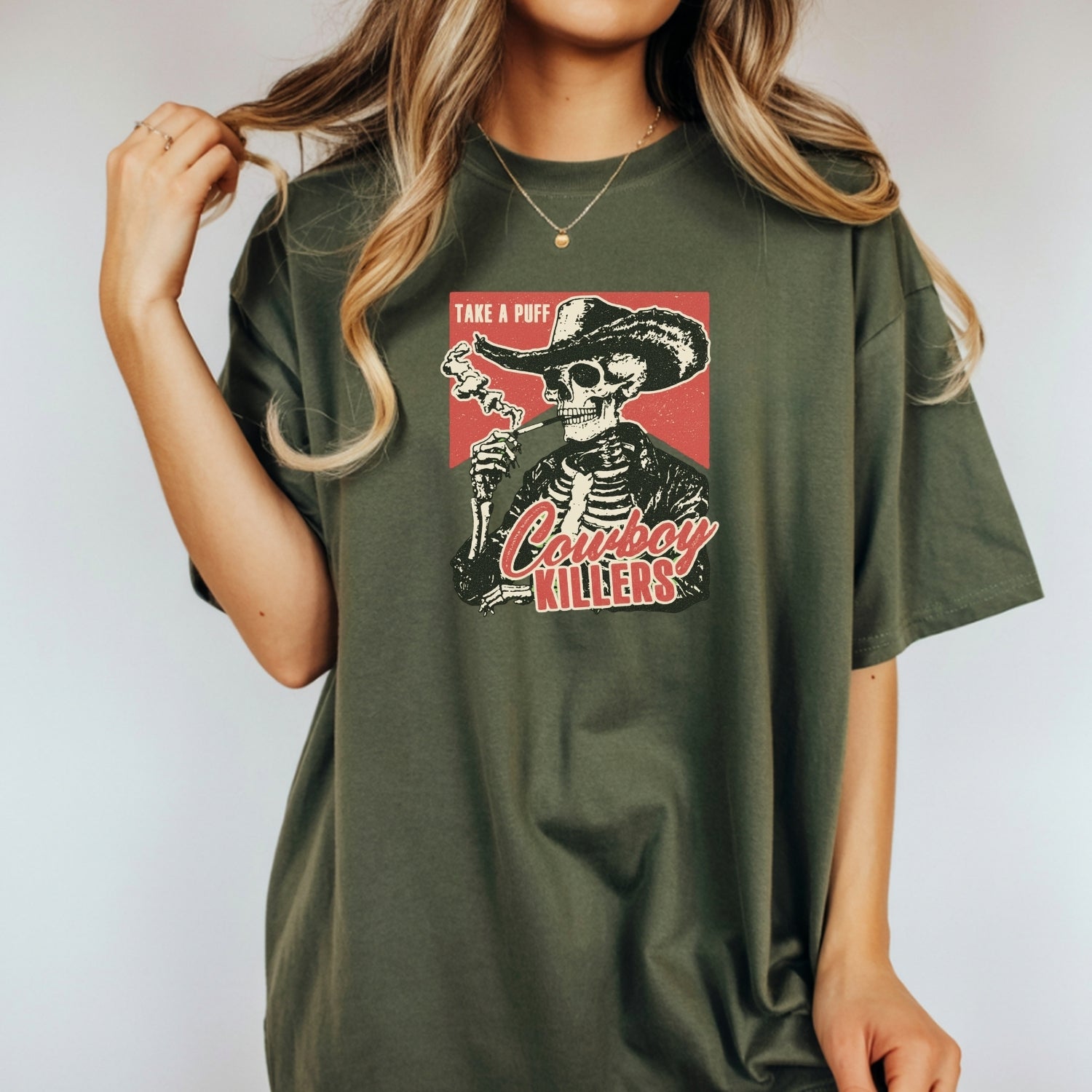Vintage Skeleton Take A Puff Cowboy T-Shirt - Western Skull Graphic Tee