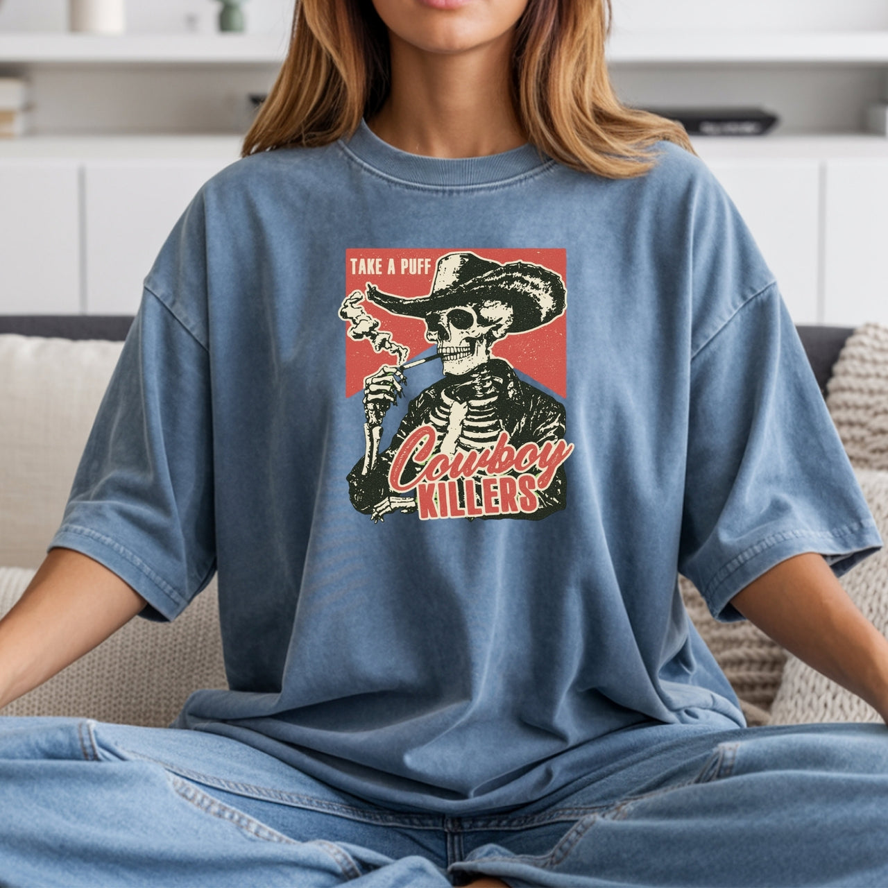 Vintage Skeleton Take A Puff Cowboy T-Shirt - Western Skull Graphic Tee