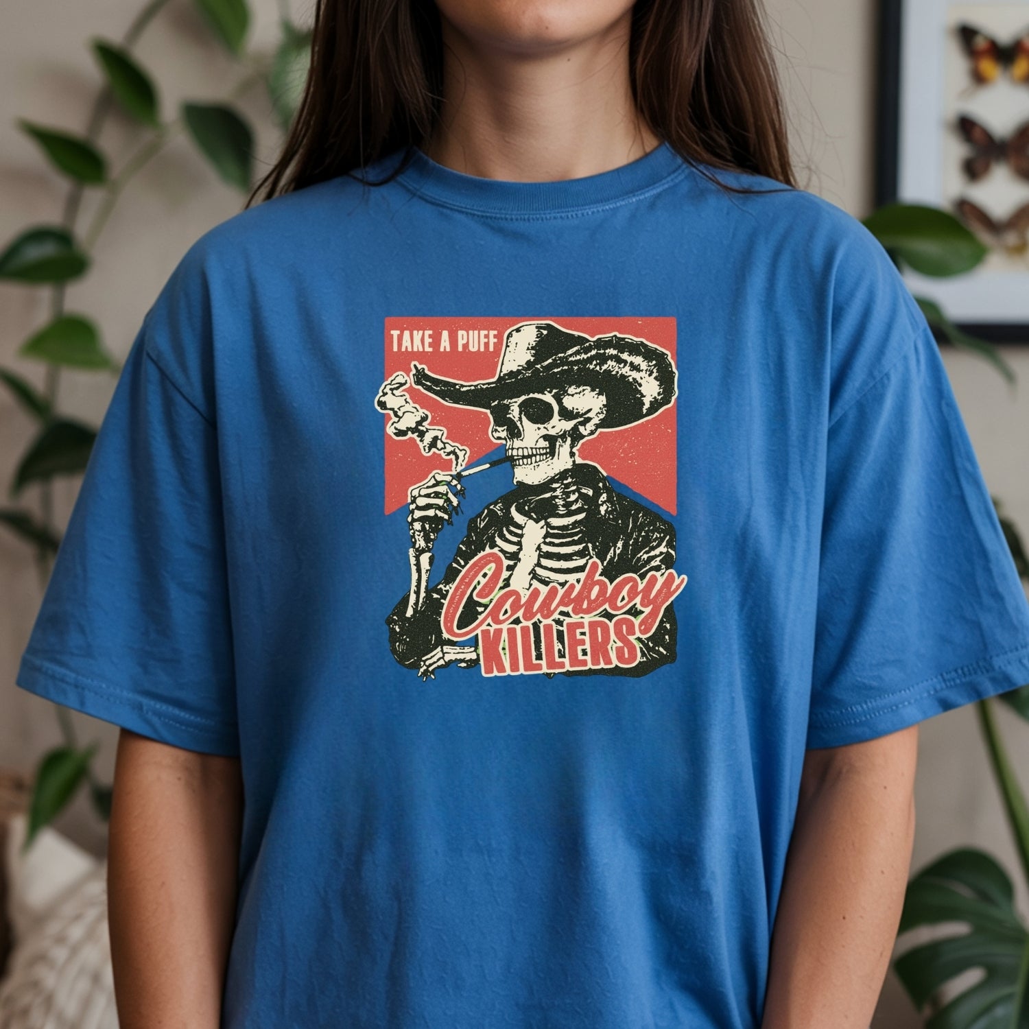 Vintage Skeleton Take A Puff Cowboy T-Shirt - Western Skull Graphic Tee
