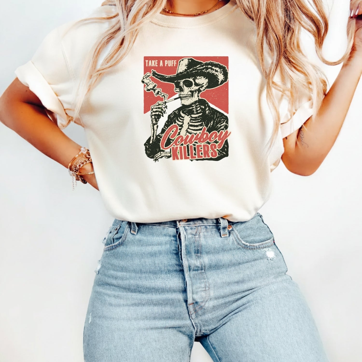Vintage Skeleton Take A Puff Cowboy T-Shirt - Western Skull Graphic Tee