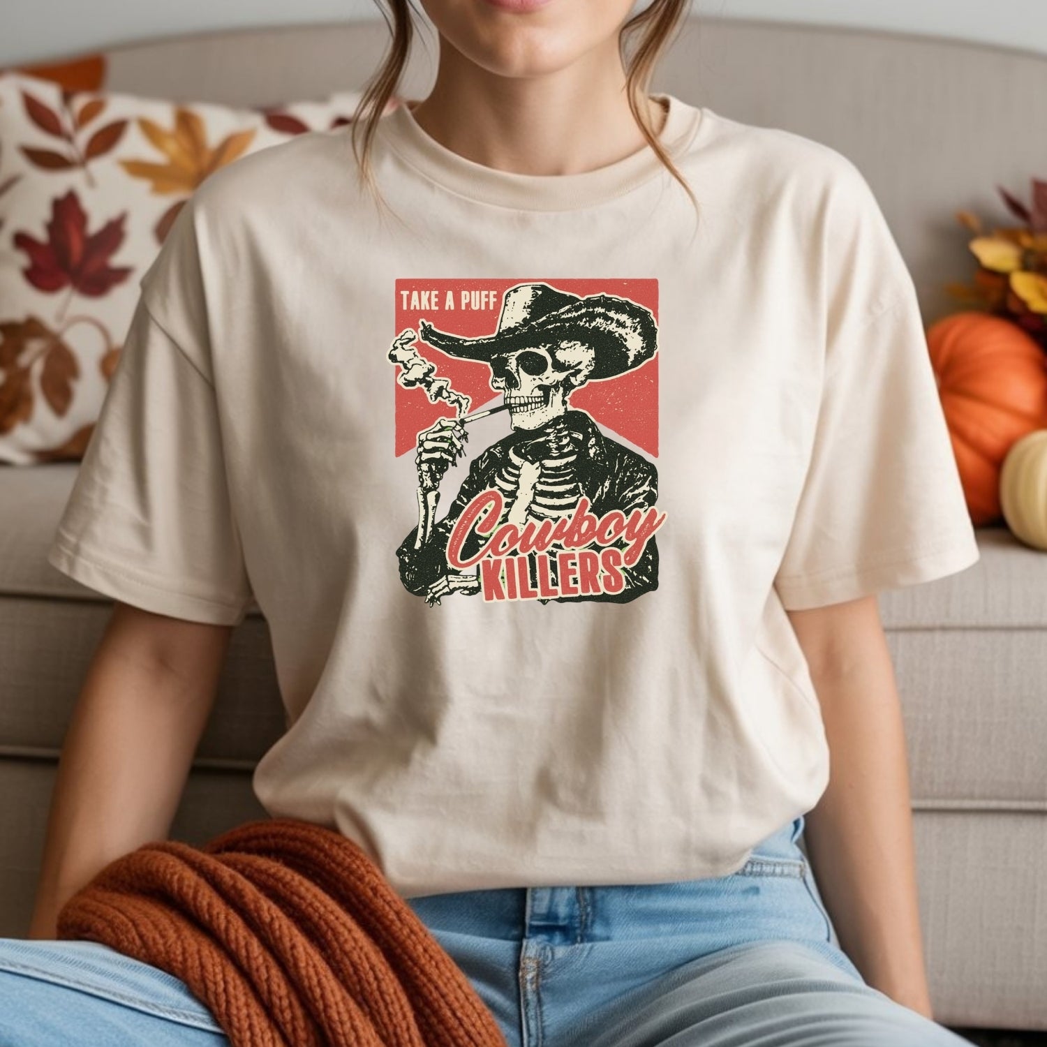 Vintage Skeleton Take A Puff Cowboy T-Shirt - Western Skull Graphic Tee