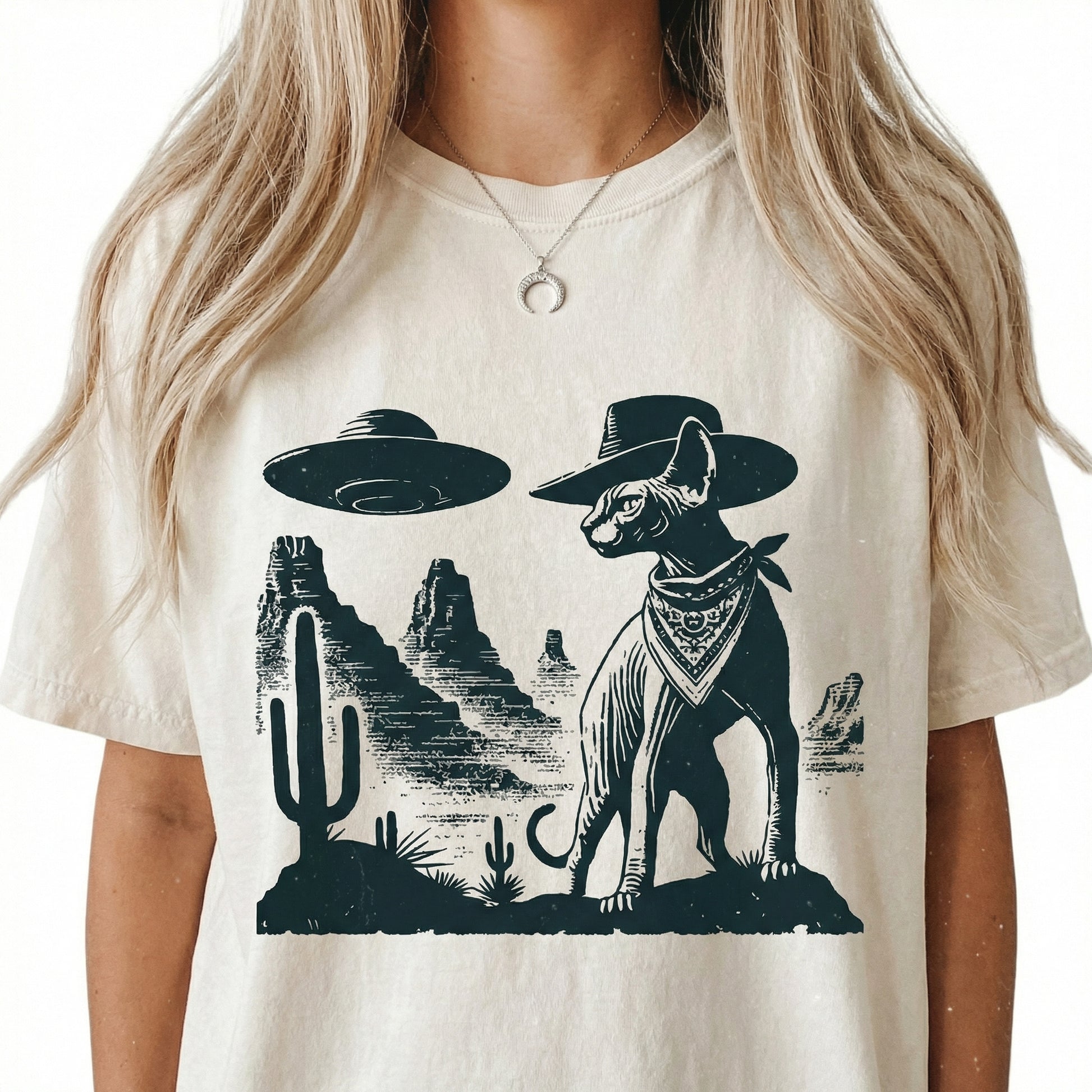 Vintage Sphynx UFO T-Shirt - Western Cowboy Hairless Cat Graphic Tee - Ranch Country Cat Gift