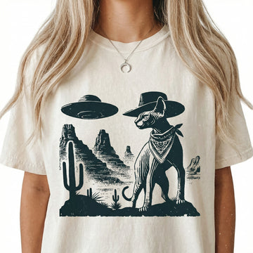 Vintage Sphynx UFO T-Shirt - Western Cowboy Hairless Cat Graphic Tee - Ranch Country Cat Gift