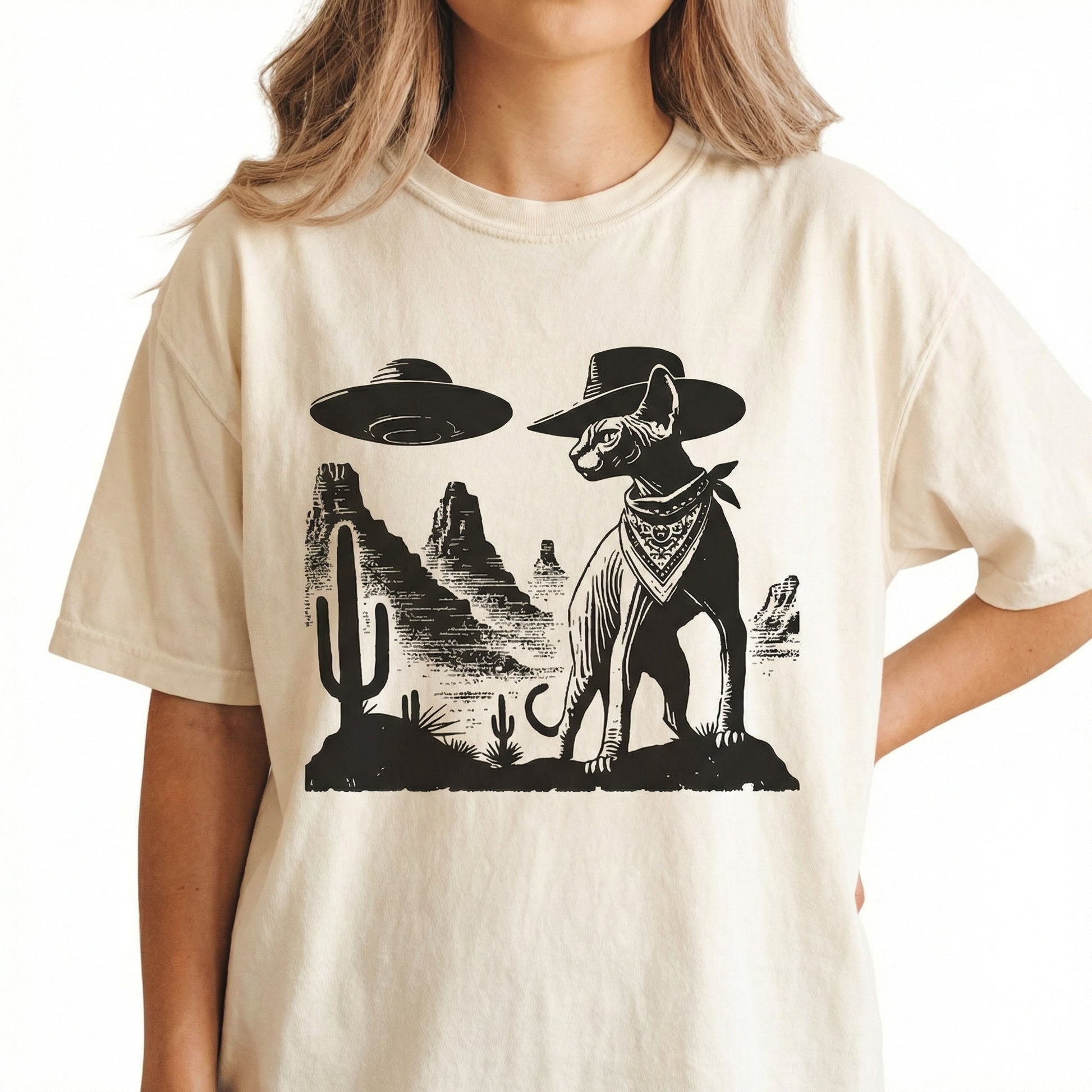 Vintage Sphynx UFO T-Shirt - Western Cowboy Hairless Cat Graphic Tee - Ranch Country Cat Gift