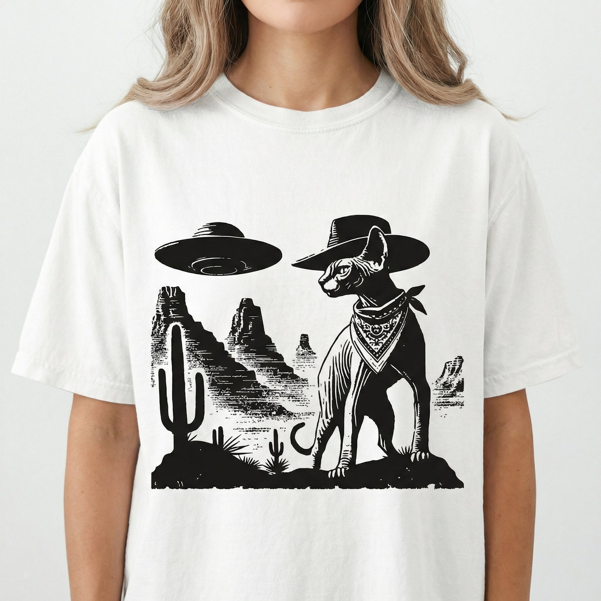 Vintage Sphynx UFO T-Shirt - Western Cowboy Hairless Cat Graphic Tee - Ranch Country Cat Gift