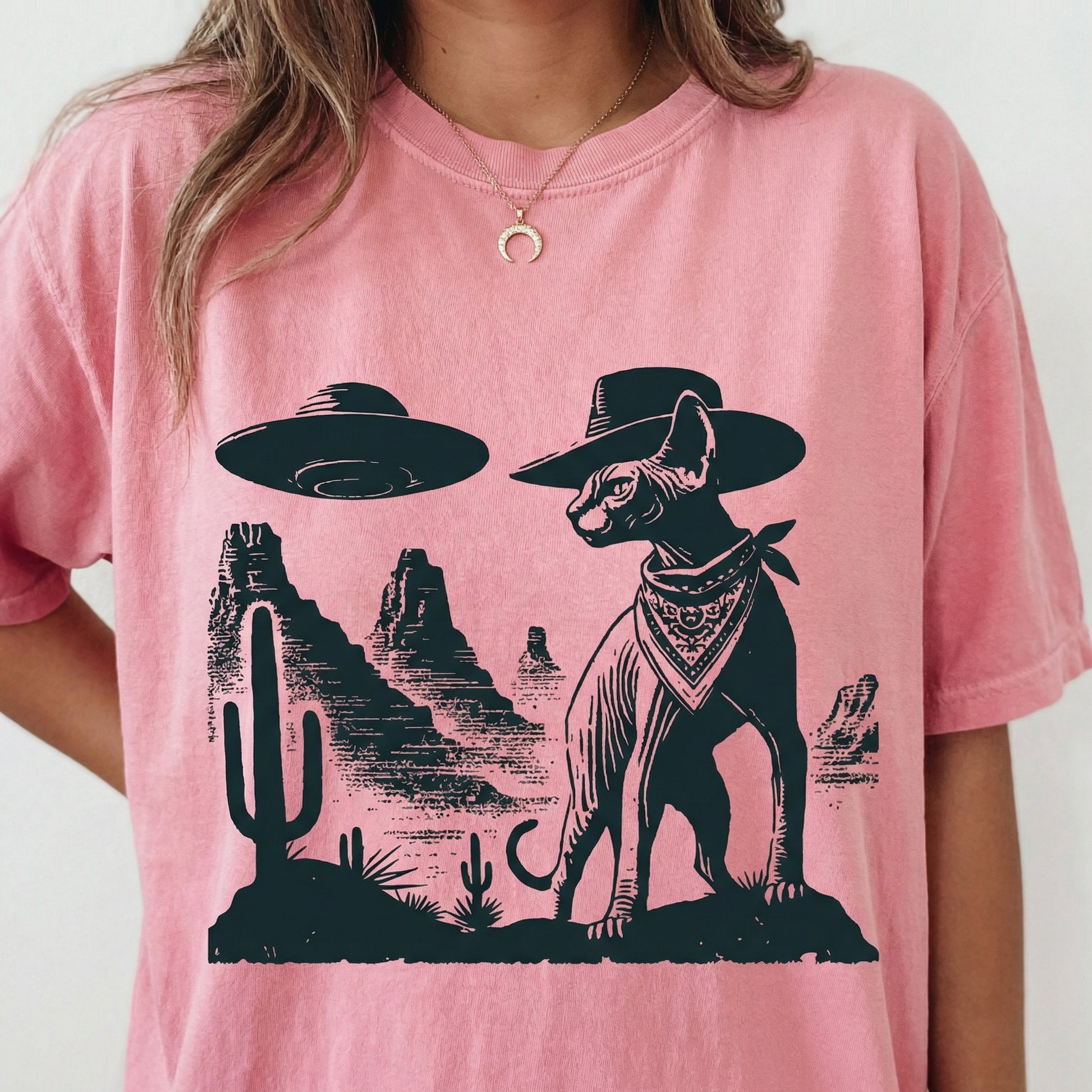 Vintage Sphynx UFO T-Shirt - Western Cowboy Hairless Cat Graphic Tee - Ranch Country Cat Gift