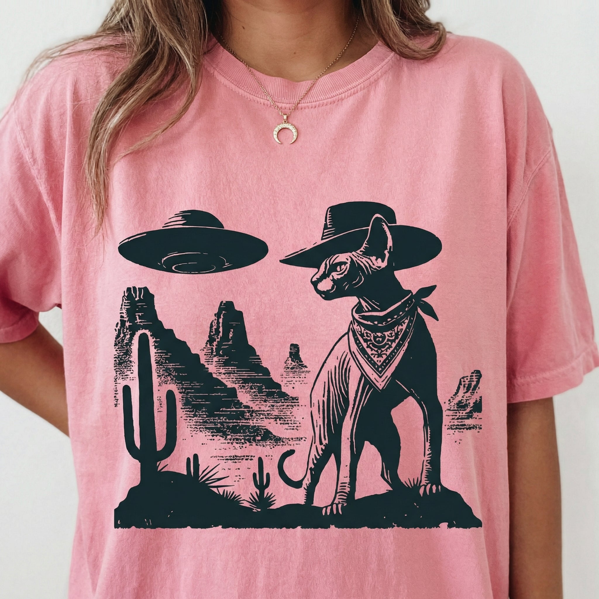 Vintage Sphynx UFO T-Shirt - Western Cowboy Hairless Cat Graphic Tee - Ranch Country Cat Gift
