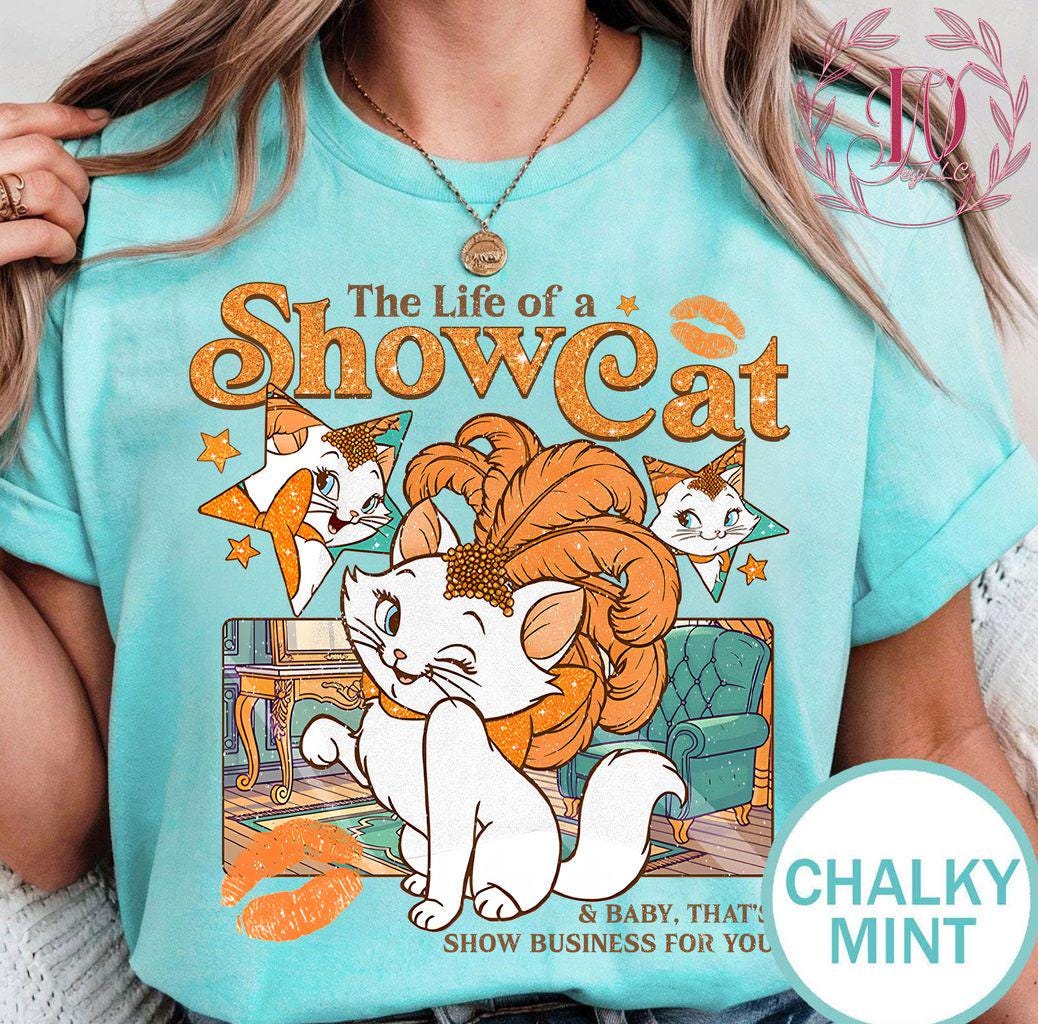 Vintage Life of a ShowCat Shirt – Showgirl Cat Tee – Retro Cat Lover Top – Chalky Mint Graphic