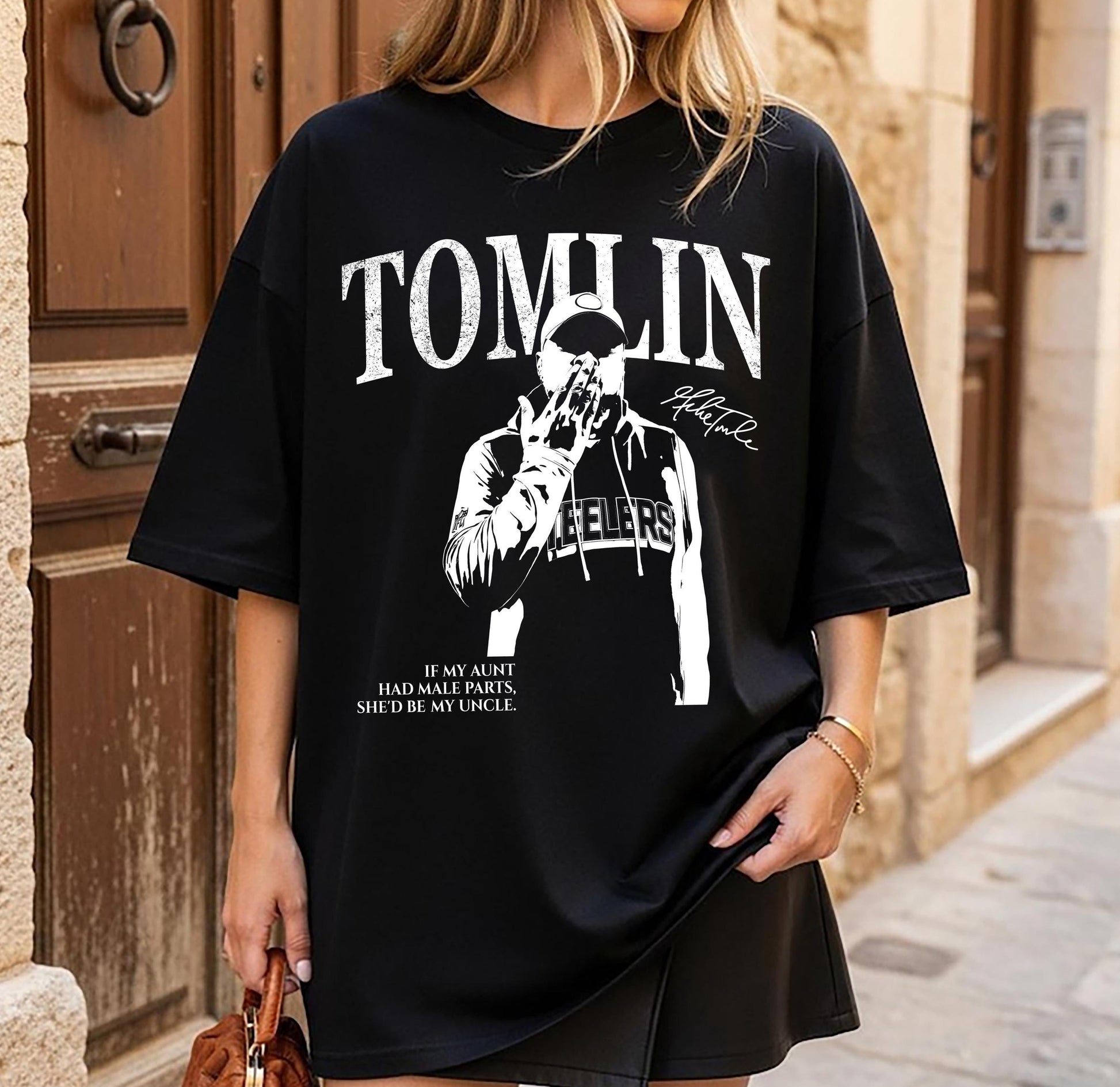 Vintage Tomlin Pittsburgh Football Graphic T-Shirt – Retro Rap Style Game Day Tee