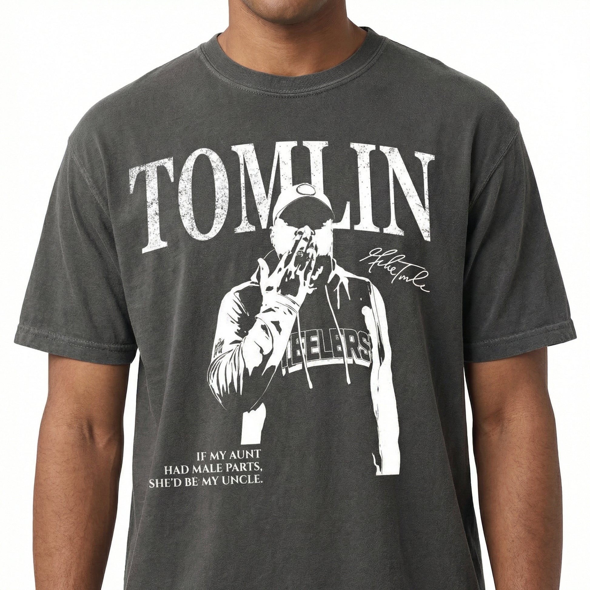 Vintage Tomlin Pittsburgh Football Graphic T-Shirt – Retro Rap Style Game Day Tee