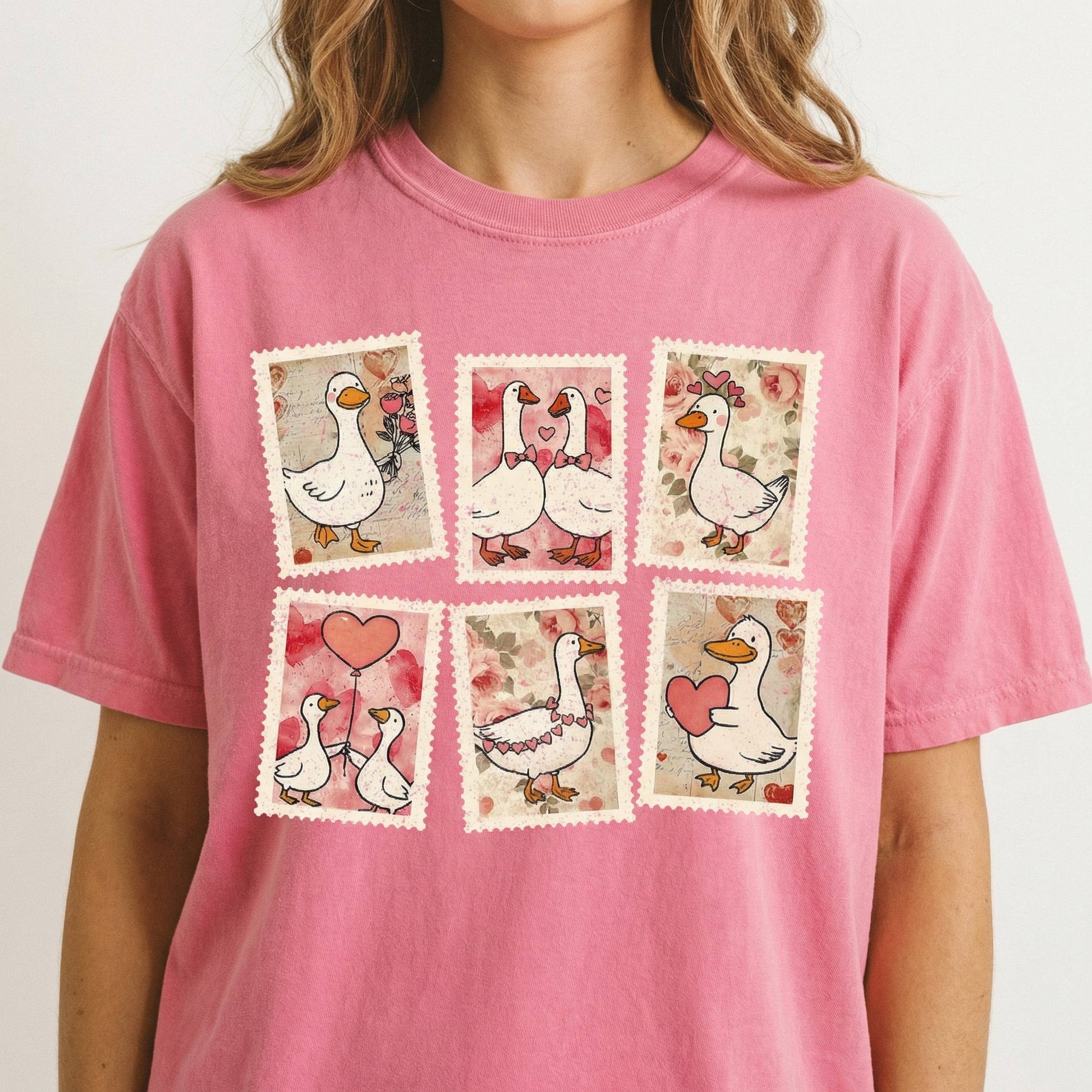 Vintage Valentine Goose Stamp T-Shirt – Pink Coquette Heart Graphic Tee – Funny Valentine Gift