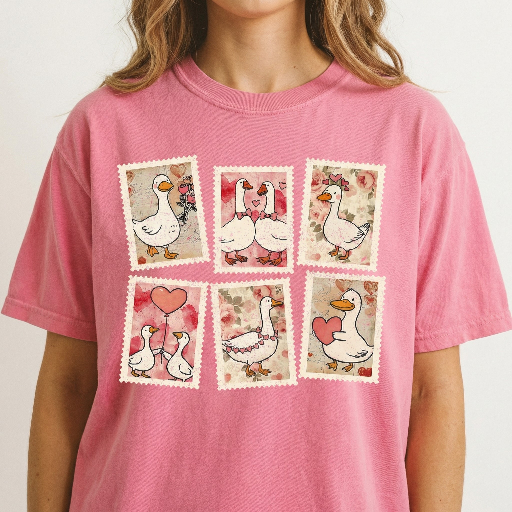 Vintage Valentine Goose Stamp T-Shirt – Pink Coquette Heart Graphic Tee – Funny Valentine Gift