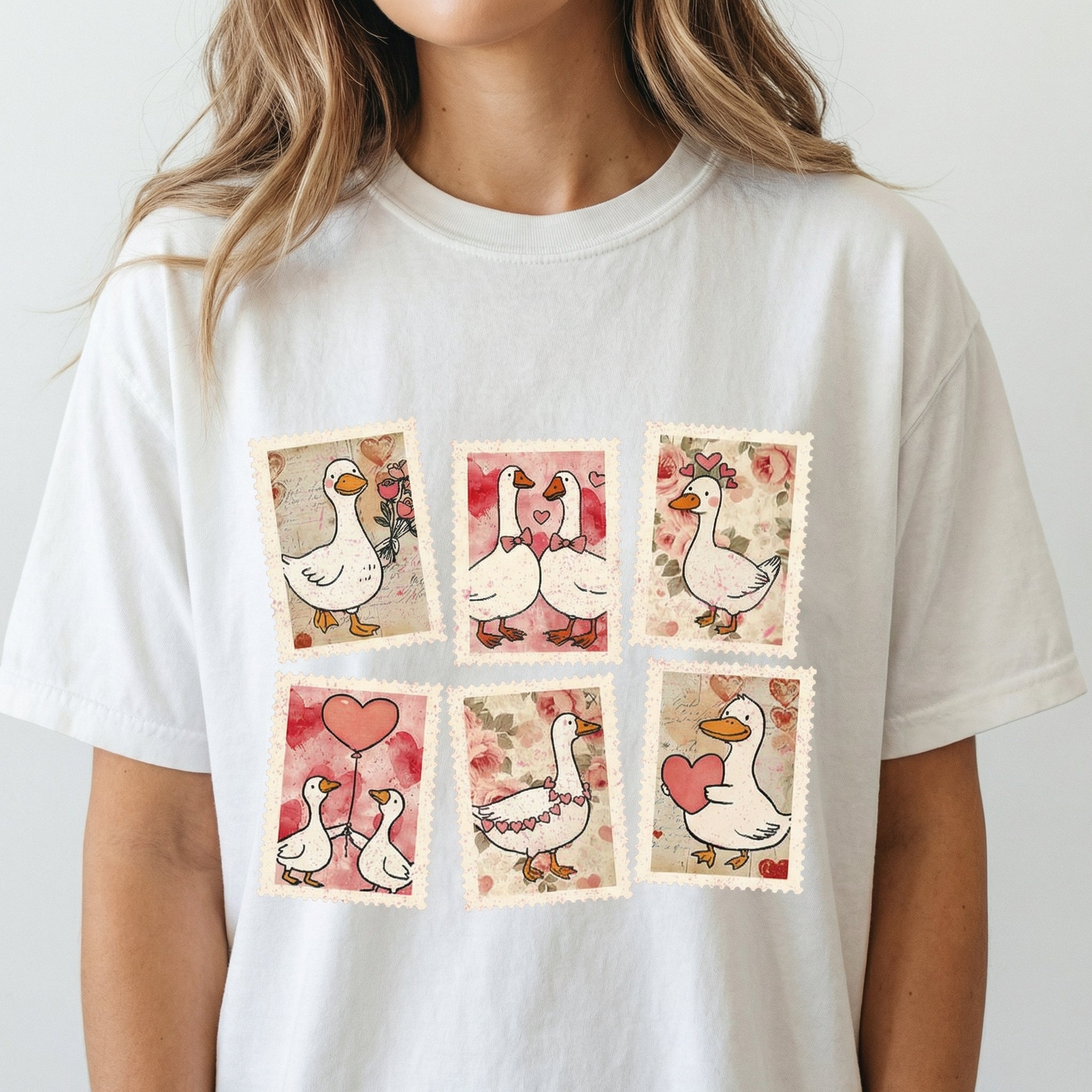 Vintage Valentine Goose Stamp T-Shirt – Pink Coquette Heart Graphic Tee – Funny Valentine Gift