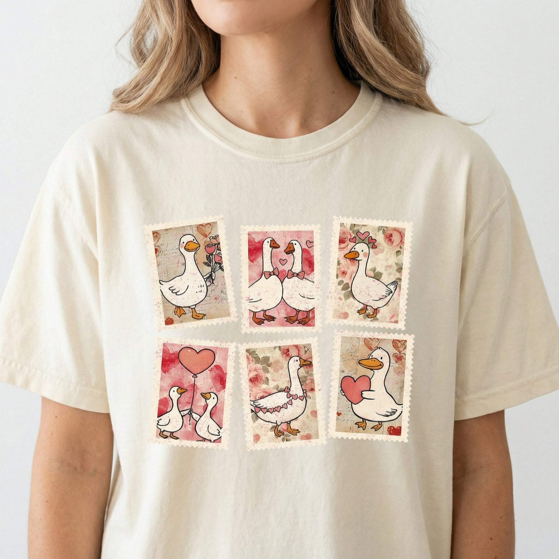 Vintage Valentine Goose Stamp T-Shirt – Pink Coquette Heart Graphic Tee – Funny Valentine Gift