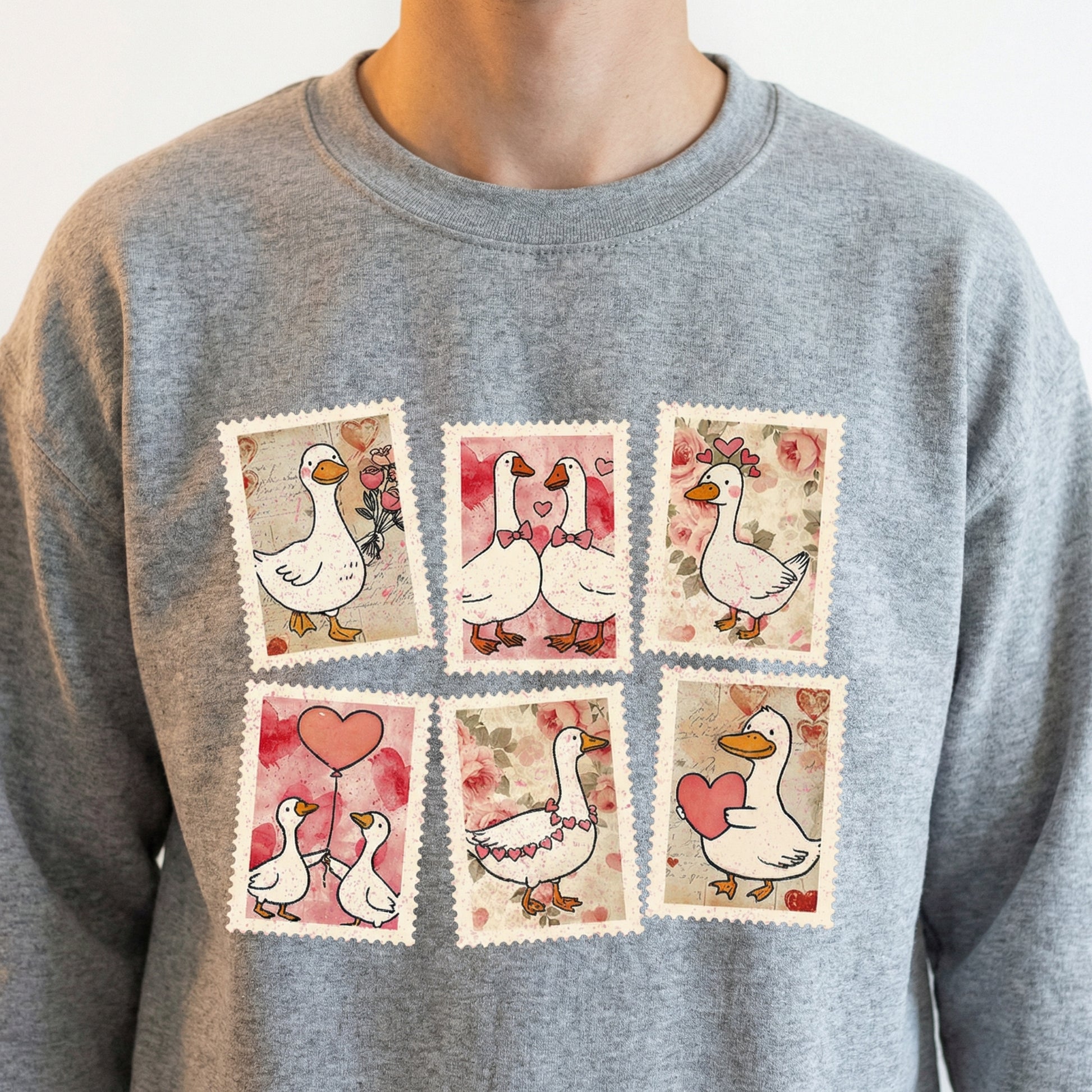 Vintage Valentine Goose Stamp T-Shirt – Pink Coquette Heart Graphic Tee – Funny Valentine Gift