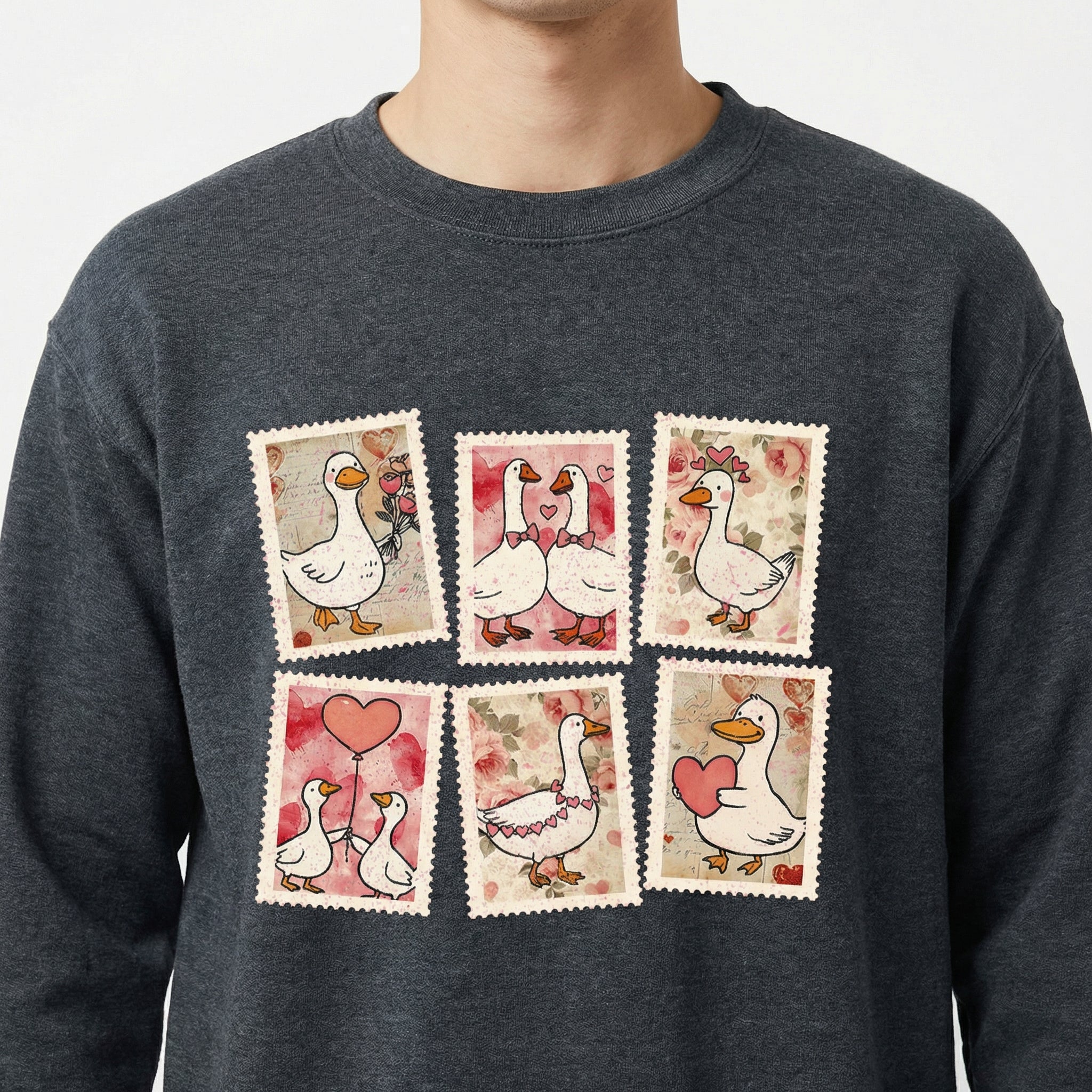 Vintage Valentine Goose Stamp T-Shirt – Pink Coquette Heart Graphic Tee – Funny Valentine Gift