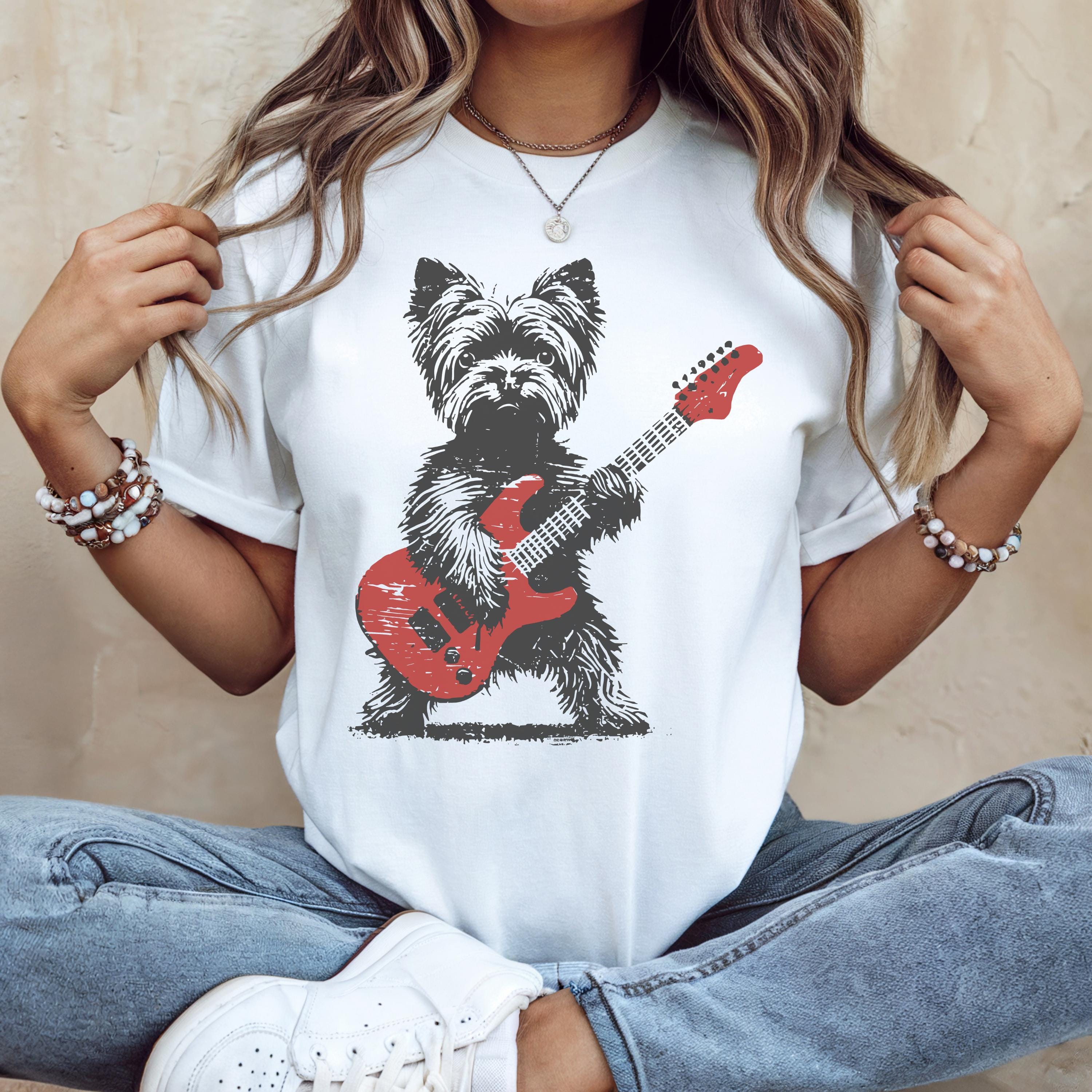 Vintage Yorkie Rock Graphic T-Shirt – Funny Dog Playing Guitar Music Tee