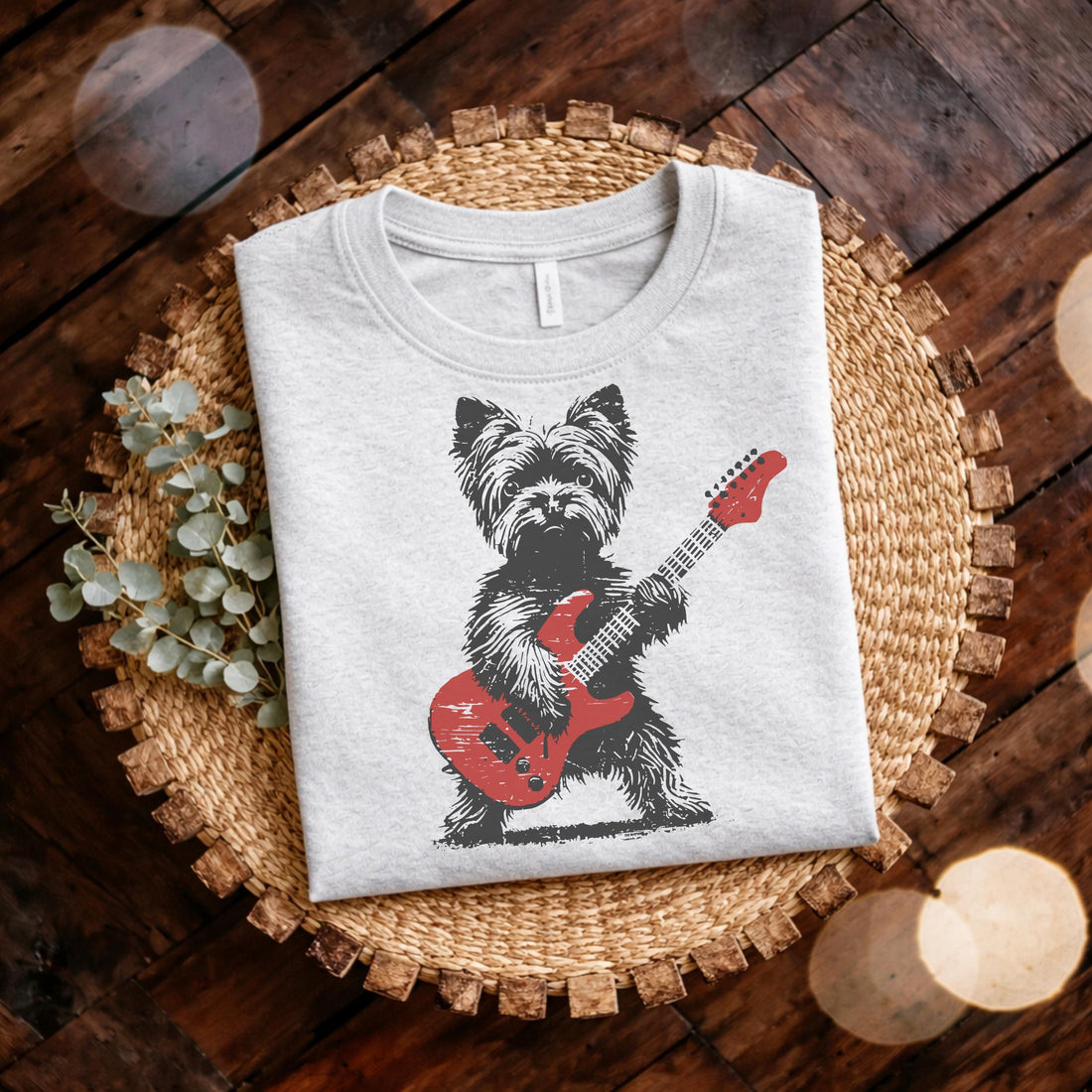 Vintage Yorkie Rock Graphic T-Shirt – Funny Dog Playing Guitar Music Tee