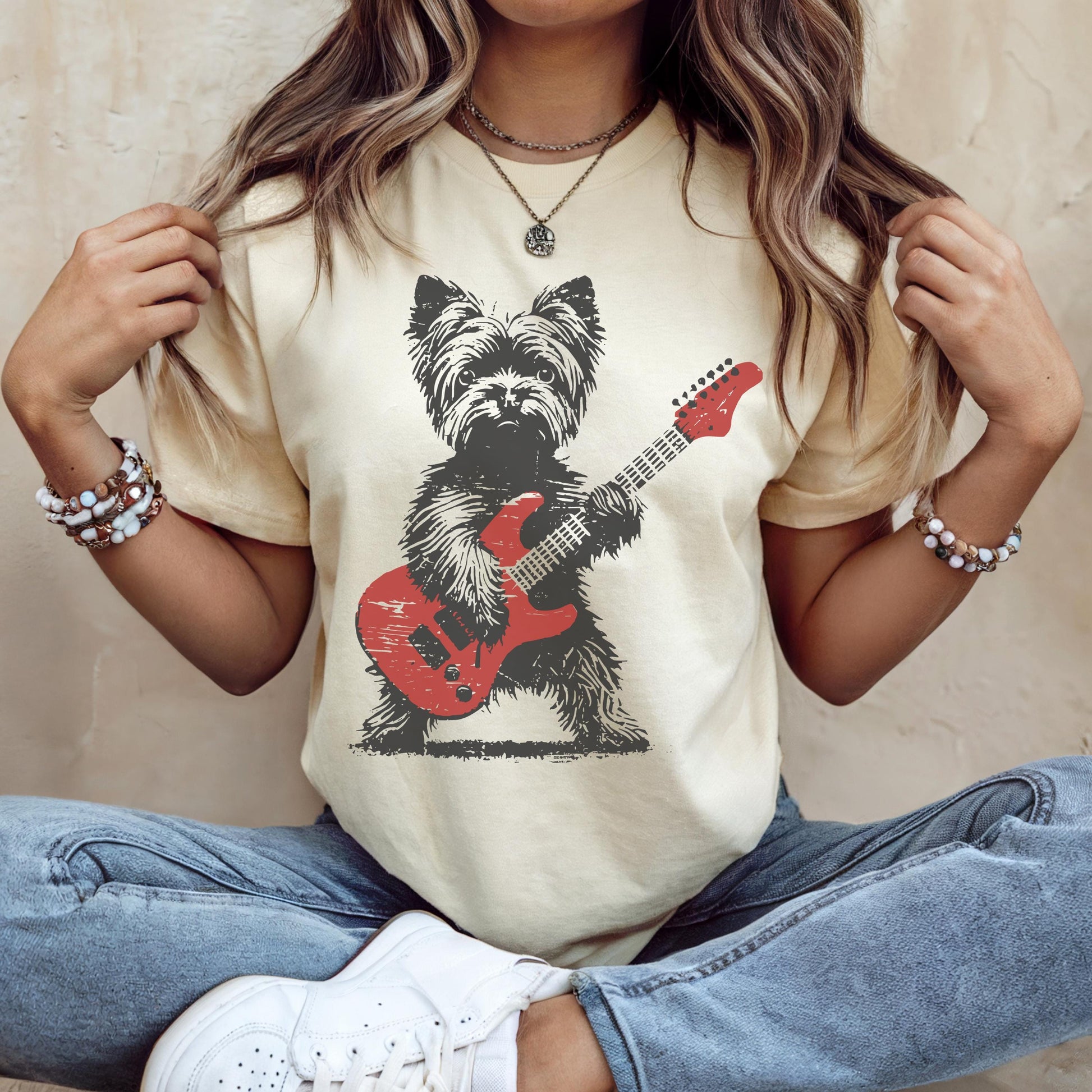 Vintage Yorkie Rock Graphic T-Shirt – Funny Dog Playing Guitar Music Tee