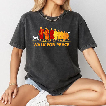 Walk for Peace Monk Graphic T-Shirt – Zen Buddhist Compassion Tee – Dog Lover Shirt