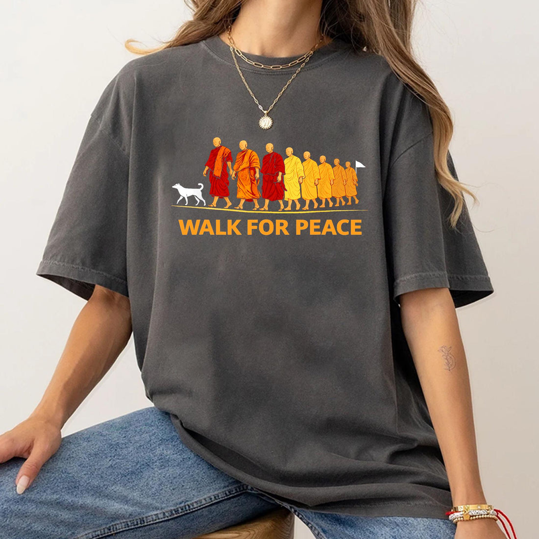 Walk for Peace Monk Graphic T-Shirt – Zen Buddhist Compassion Tee – Dog Lover Shirt