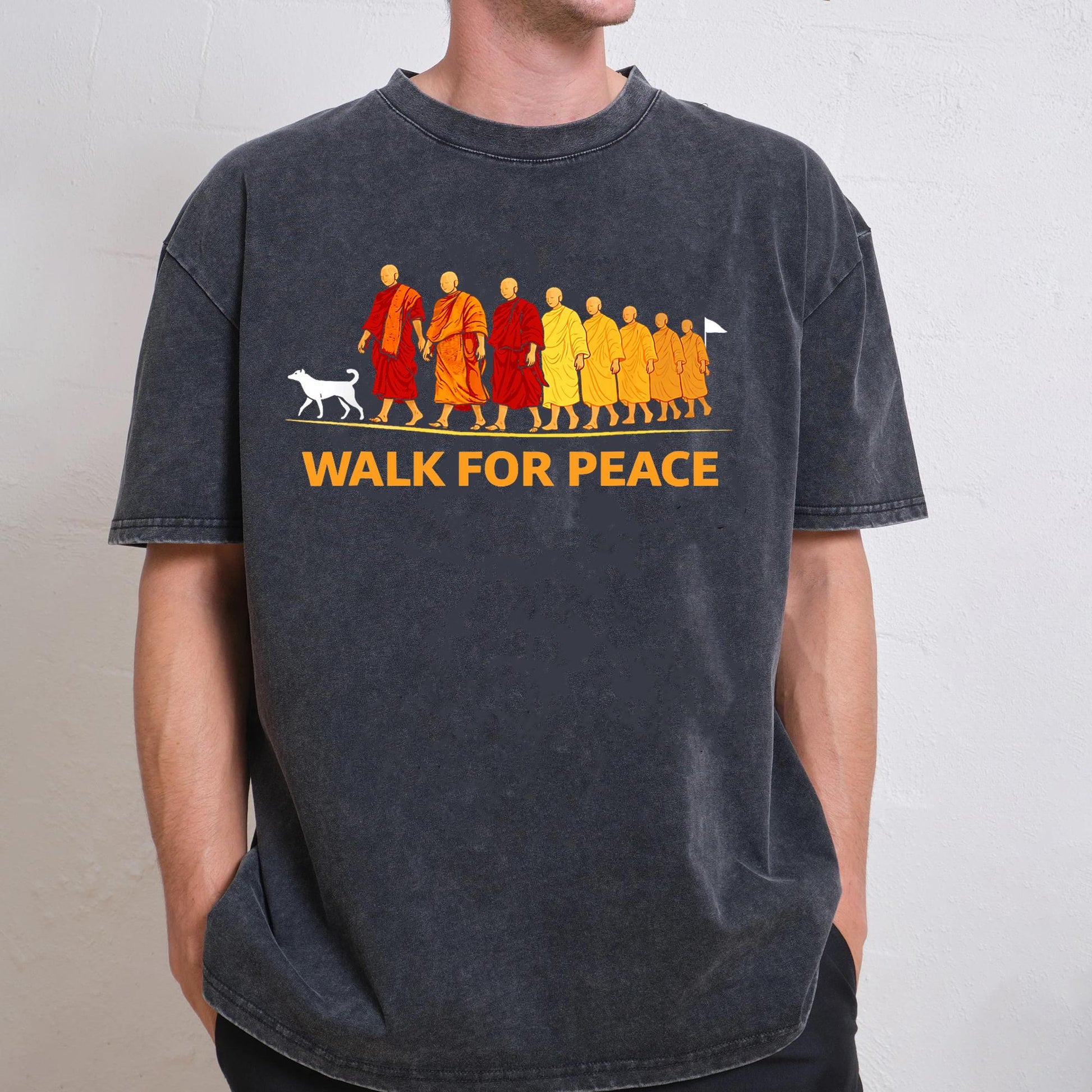 Walk for Peace Monk Graphic T-Shirt – Zen Buddhist Compassion Tee – Dog Lover Shirt