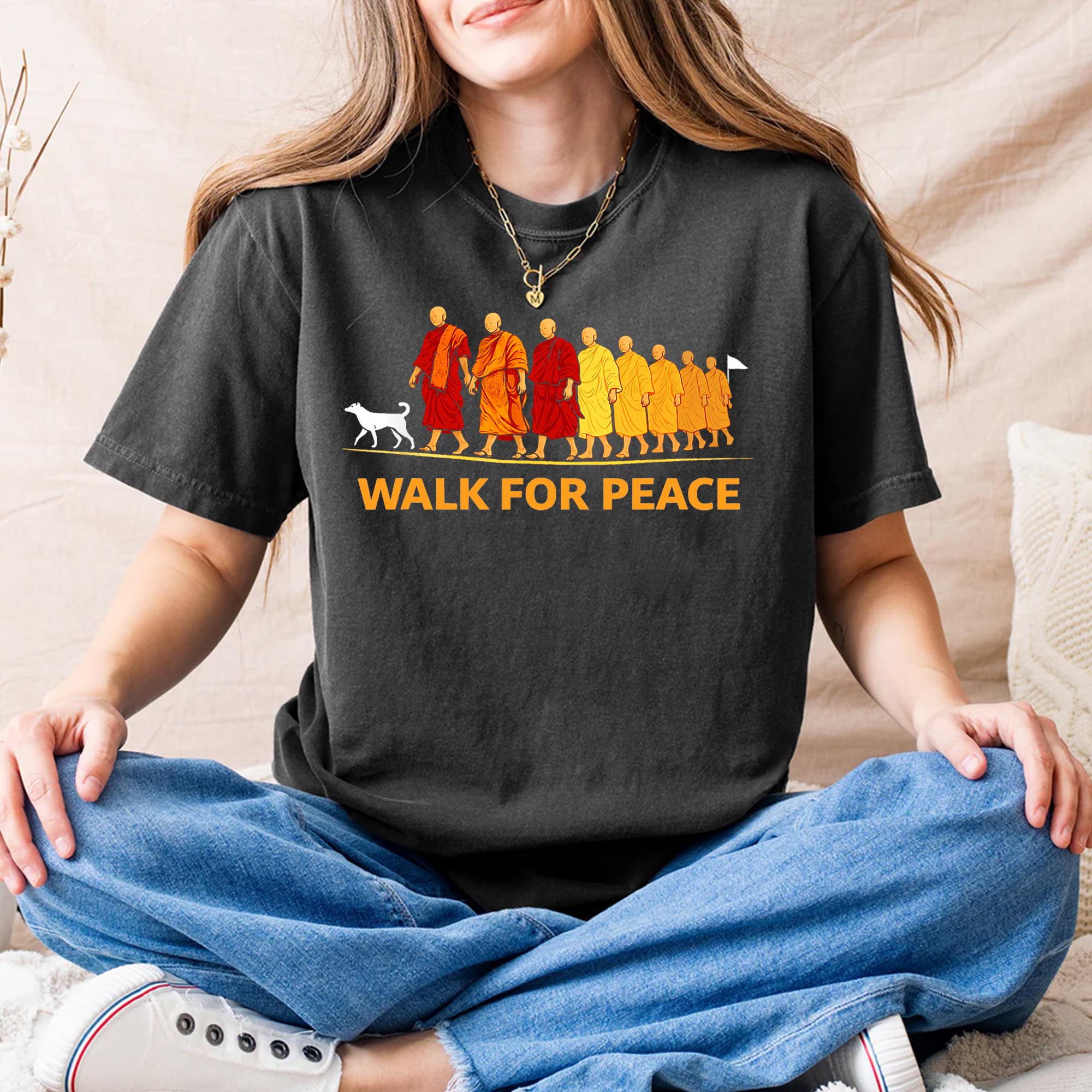 Walk for Peace Monk Graphic T-Shirt – Zen Buddhist Compassion Tee – Dog Lover Shirt