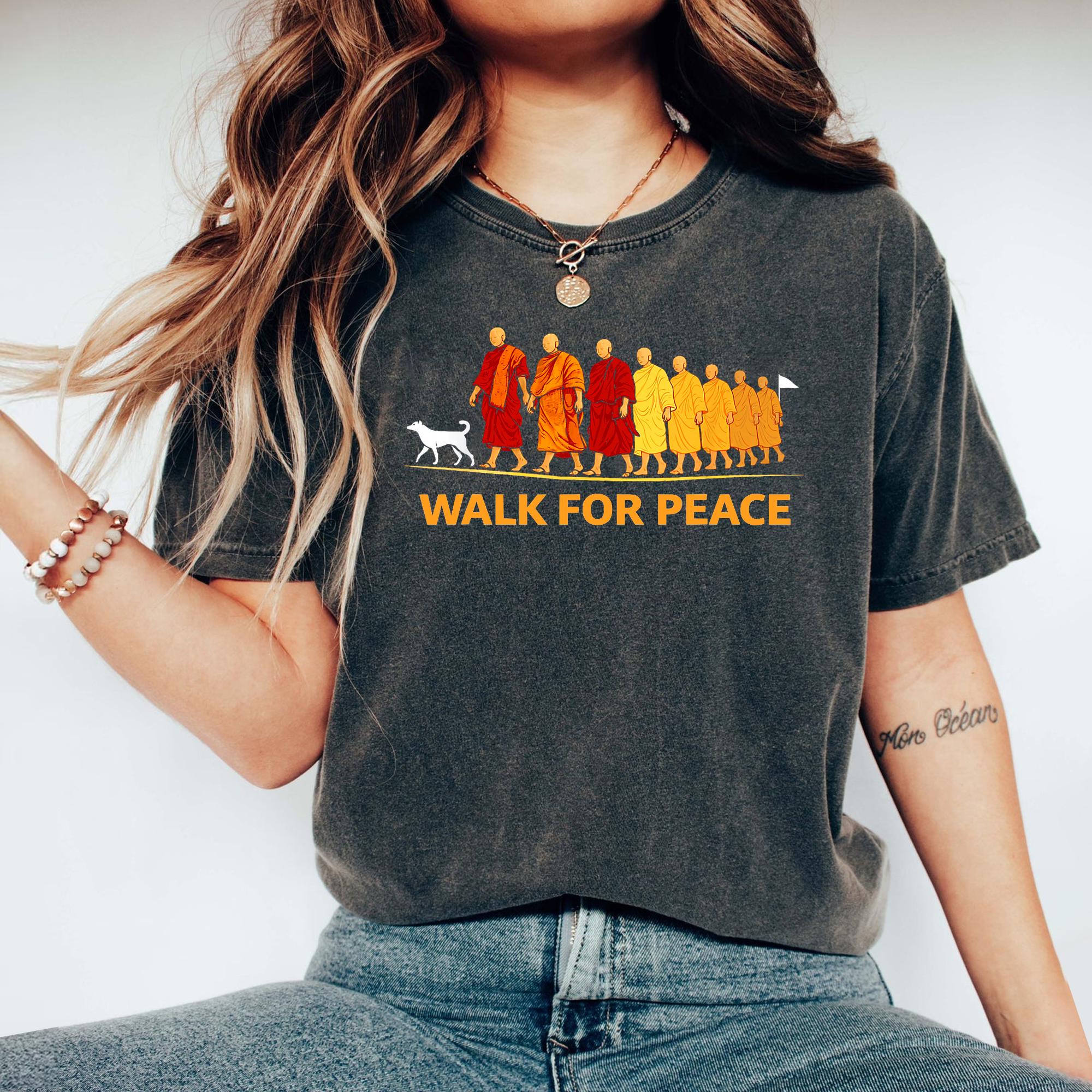 Walk for Peace Monk Graphic T-Shirt – Zen Buddhist Compassion Tee – Dog Lover Shirt