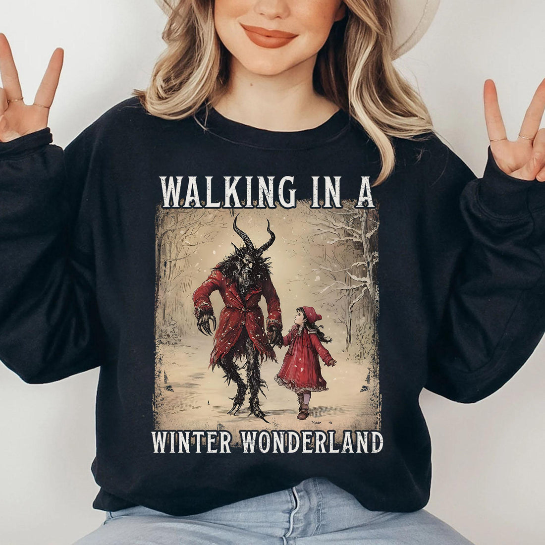 Walking in a Winter Wonderland Christmas Sweater – Krampus Dark Holiday Sweatshirt – Creepy Weirdcore Yule Shirt