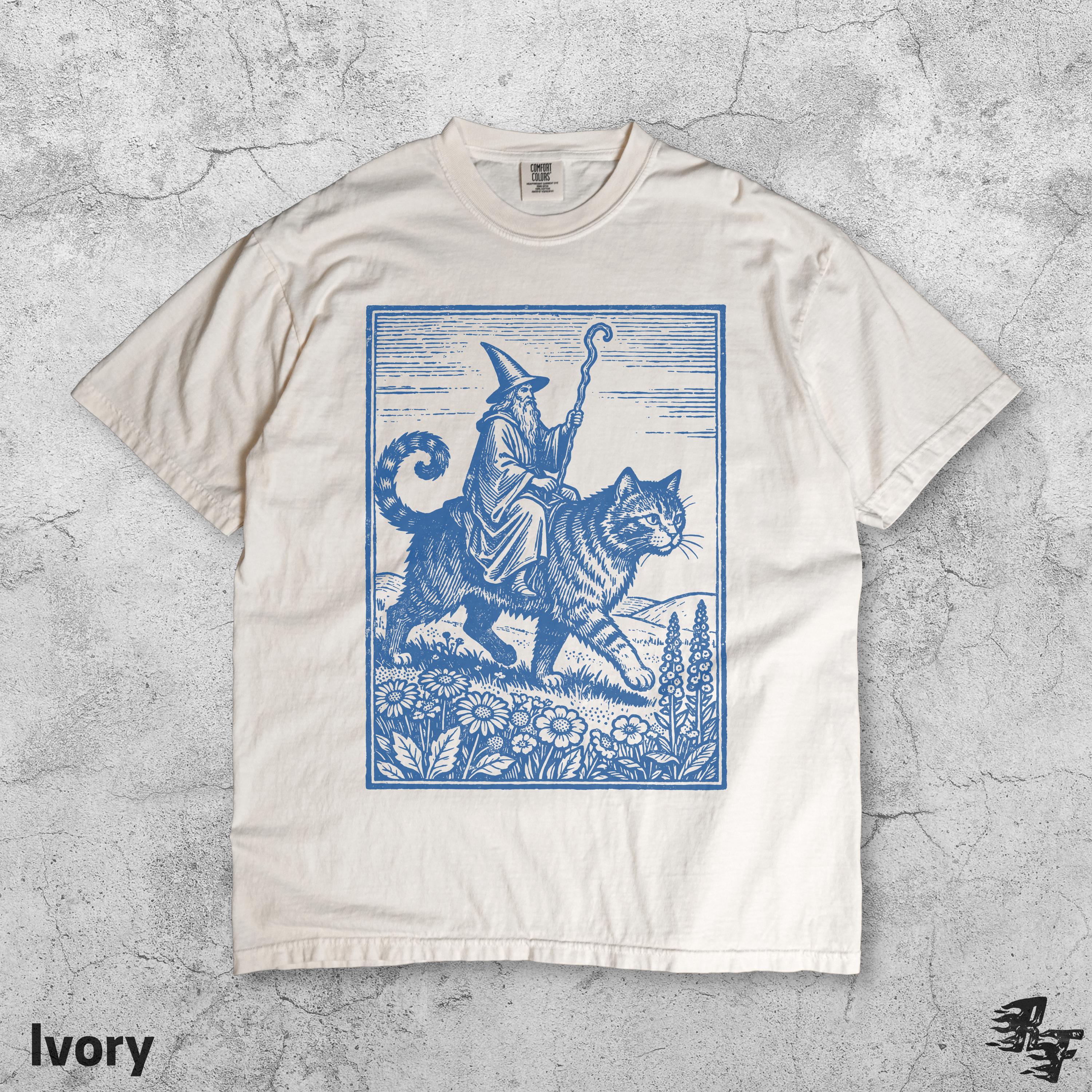 Wizard Cat Rider Graphic T-Shirt - Vintage Fantasy Humor Tee
