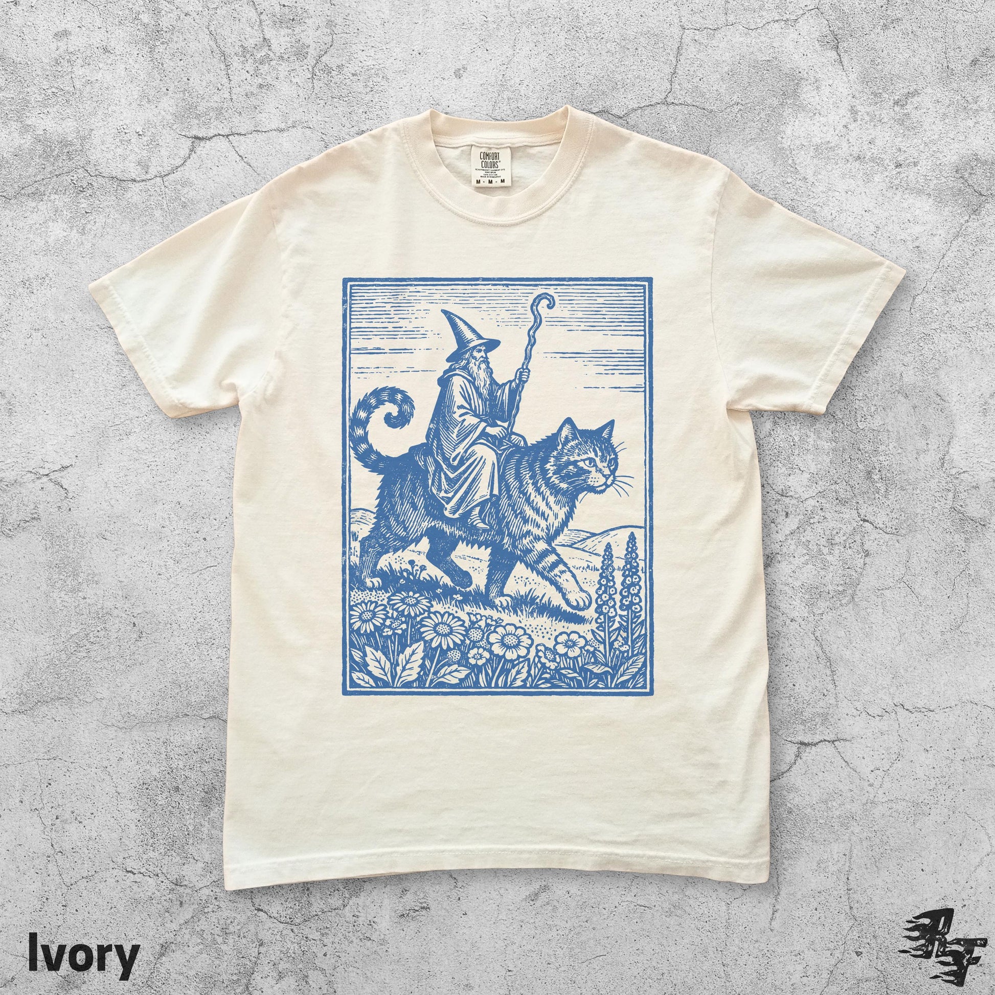Wizard Cat Rider Graphic T-Shirt - Vintage Fantasy Humor Tee