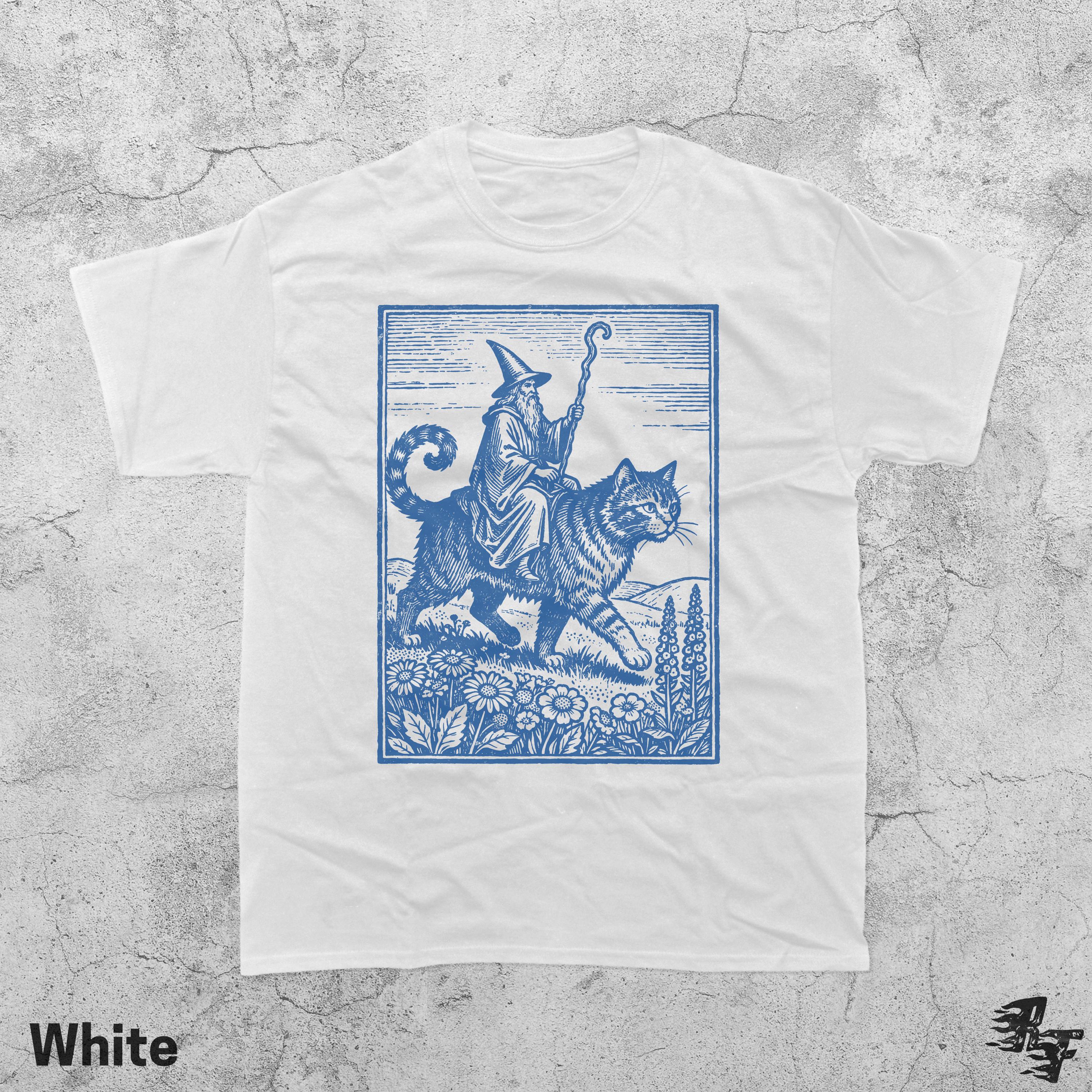 Wizard Cat Rider Graphic T-Shirt - Vintage Fantasy Humor Tee