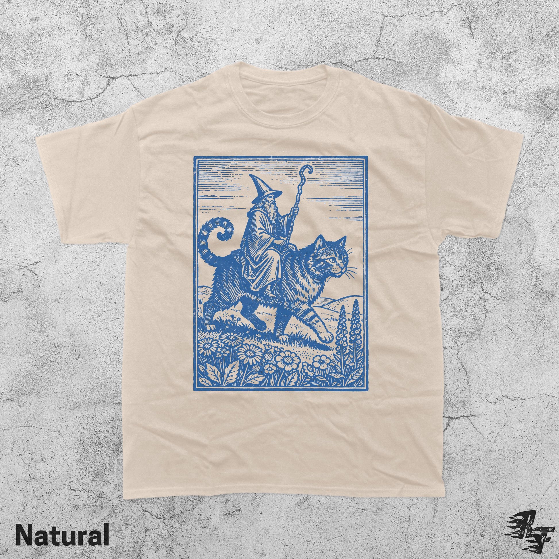 Wizard Cat Rider Graphic T-Shirt - Vintage Fantasy Humor Tee