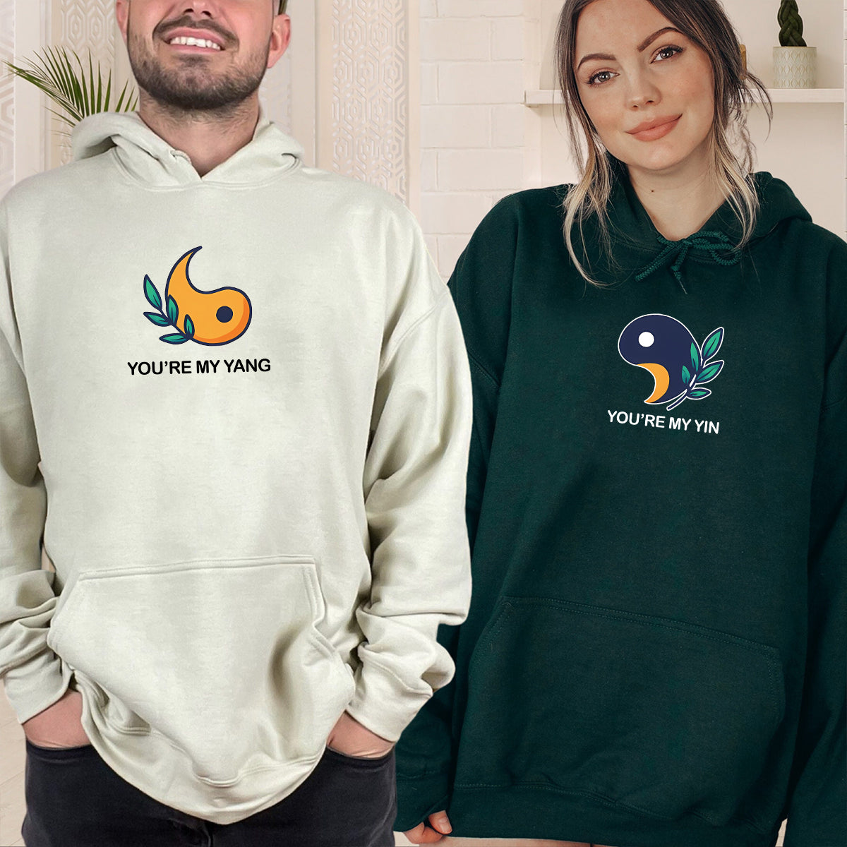 Yin Yang With Leaves Matching Hoodies For Couples