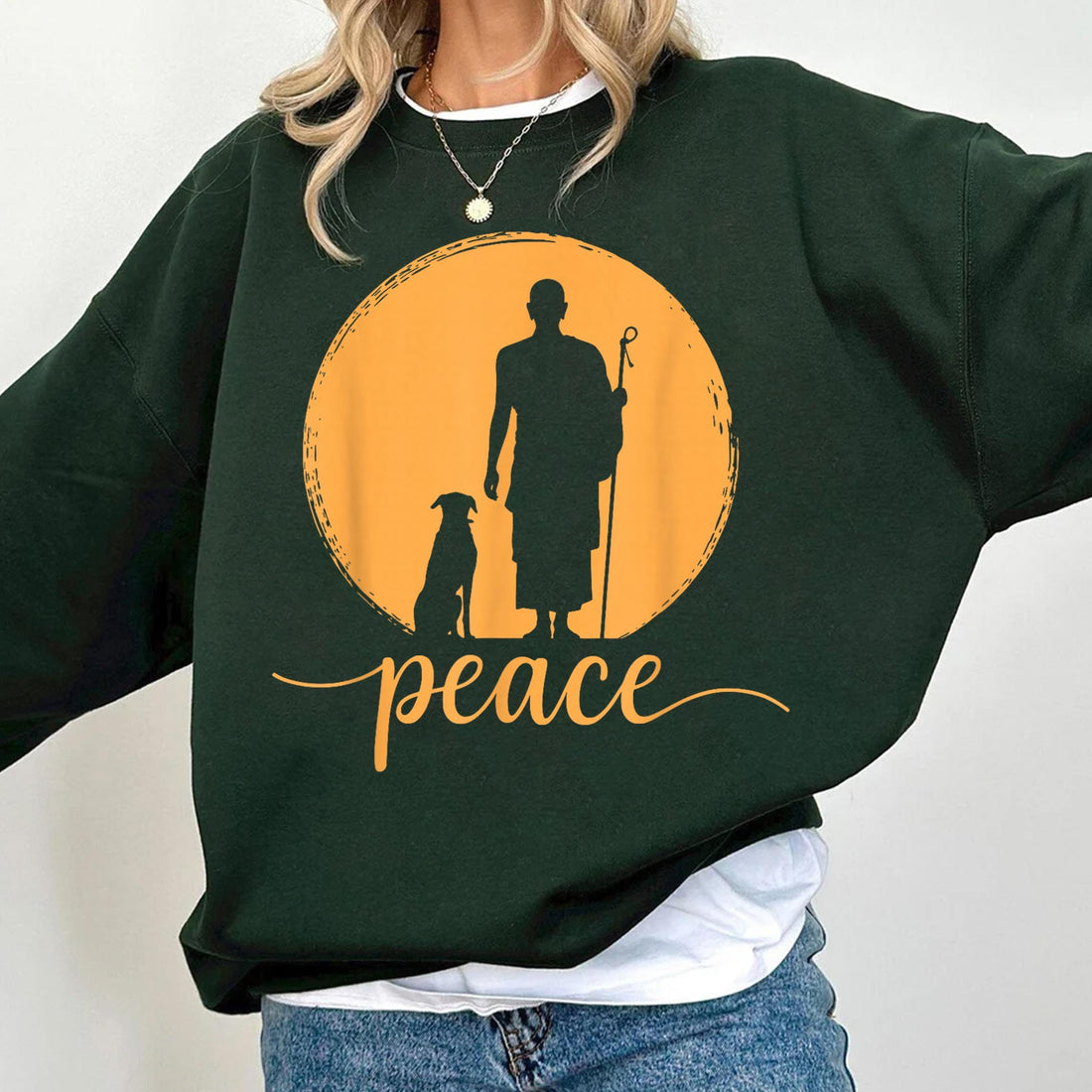 Retro Walk for Peace Monk and Dog Graphic T-Shirt – Minimalist Zen Art Tee