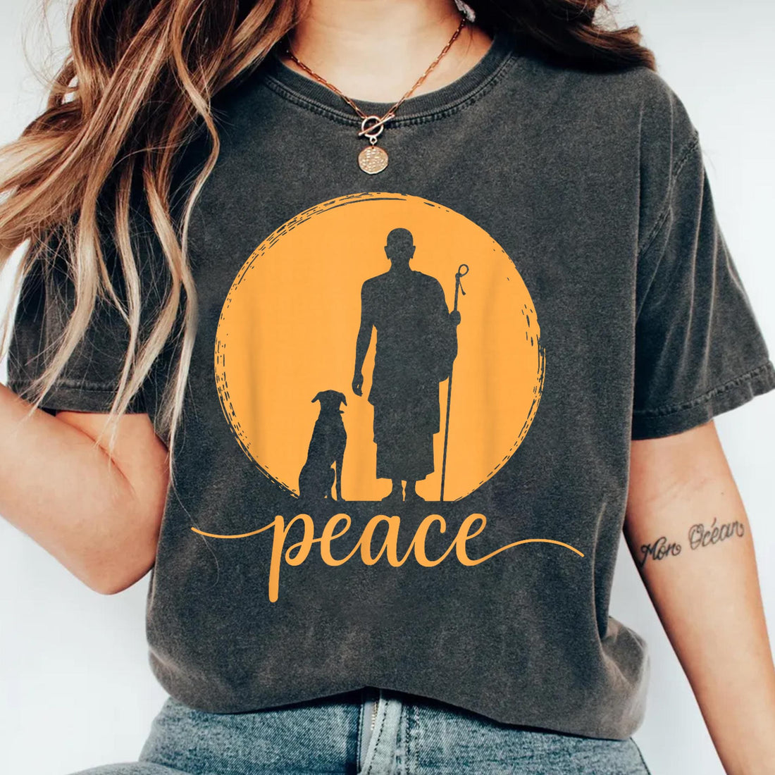 Retro Walk for Peace Monk and Dog Graphic T-Shirt – Minimalist Zen Art Tee