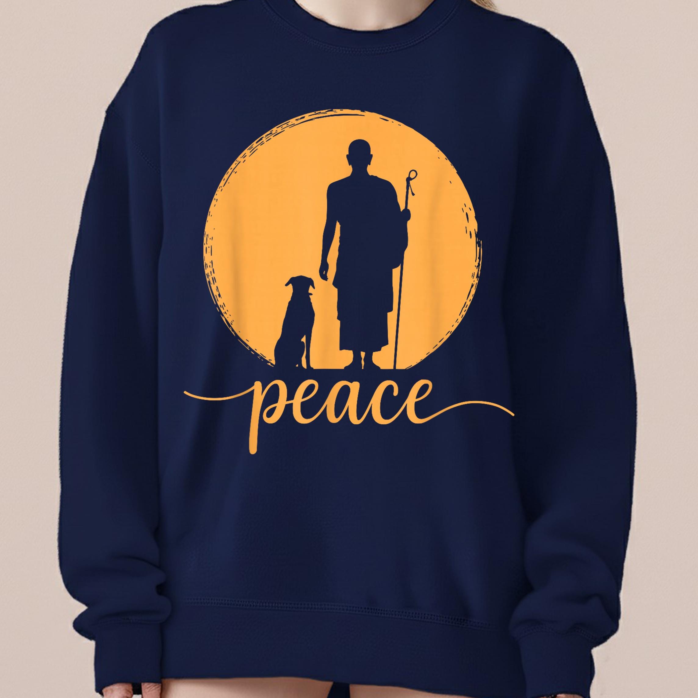 Retro Walk for Peace Monk and Dog Graphic T-Shirt – Minimalist Zen Art Tee