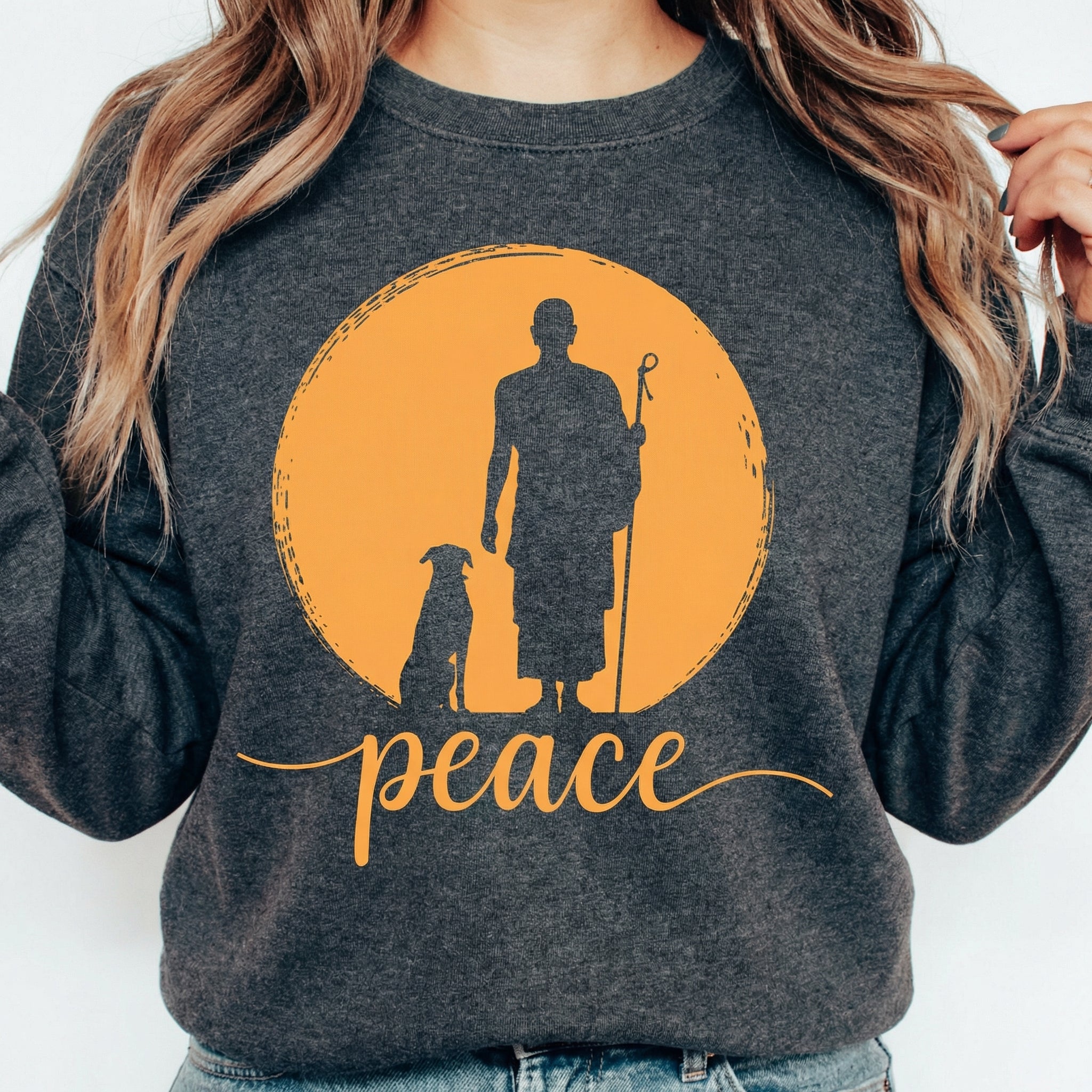 Retro Walk for Peace Monk and Dog Graphic T-Shirt – Minimalist Zen Art Tee