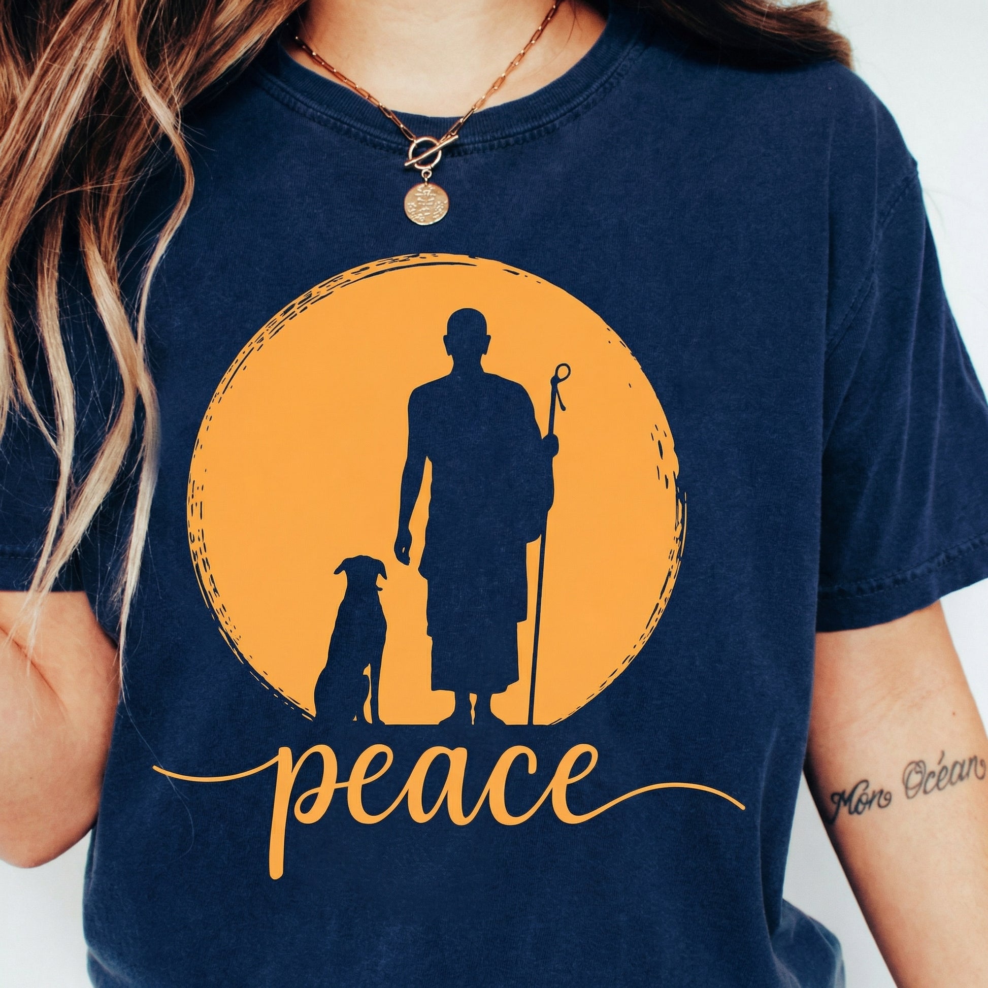 Retro Walk for Peace Monk and Dog Graphic T-Shirt – Minimalist Zen Art Tee